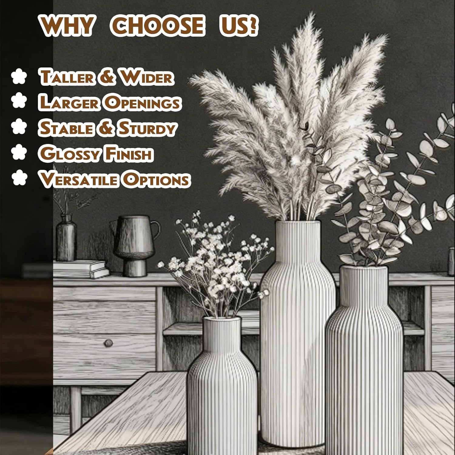 3-Piece Glossy Beige Ceramic Vase Set with Vertical Lines, Minimalist Solid Color Design, Decorative Vases for Shelf, Mantel & Tabletop, Assorted Sizes (9.8"/7.8"/5.9" H)