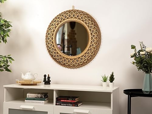 BHDecor Espejo para decoración de pared para el hogar, marco tallado con corte láser, elegante mandala de madera para colgar, paneles de MDF para