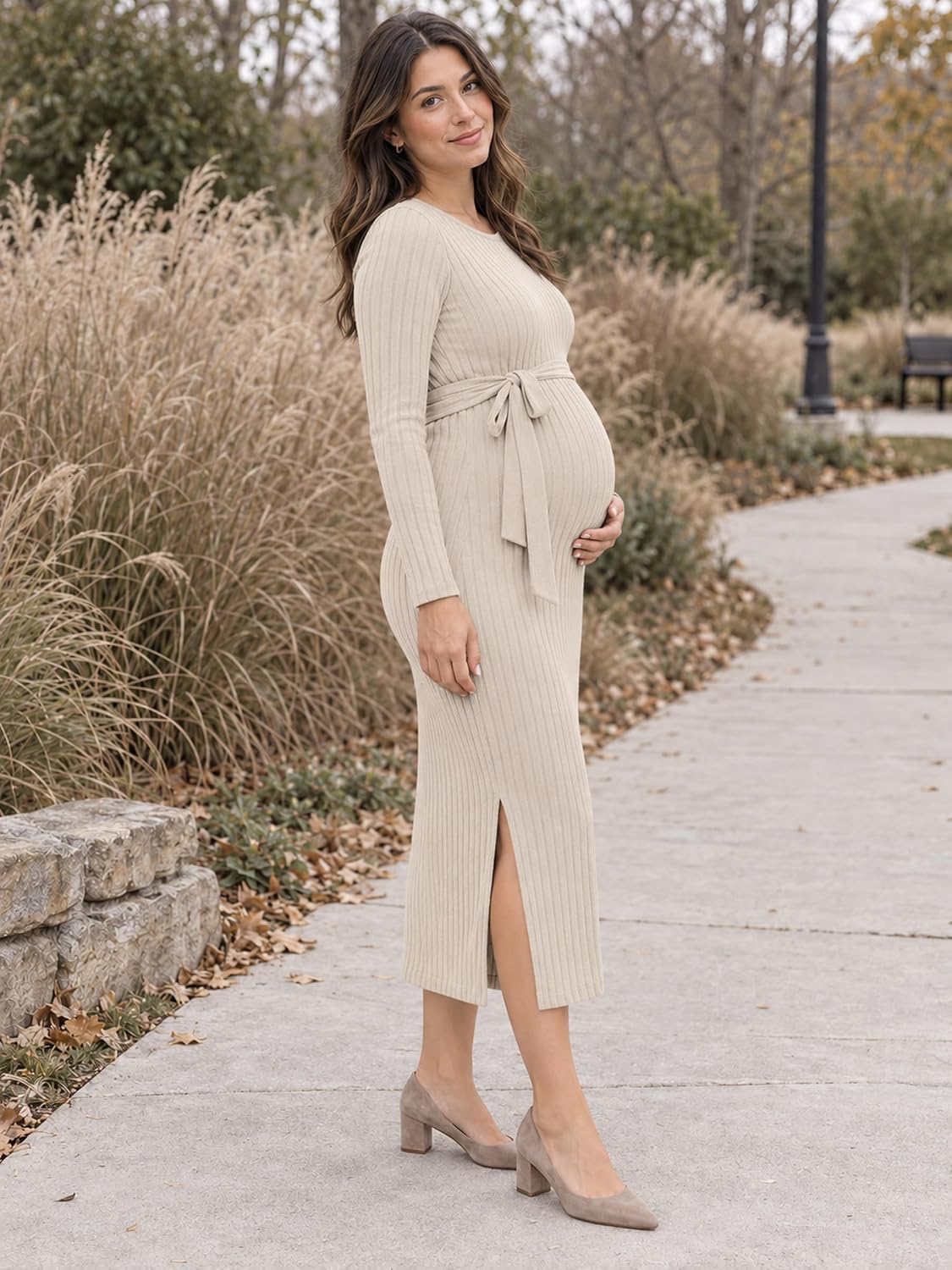 guruixu Crewneck Maternity Sweater Dress Rib Knit Long Sleeve Slit Pregnancy Dress Clothes with Belt