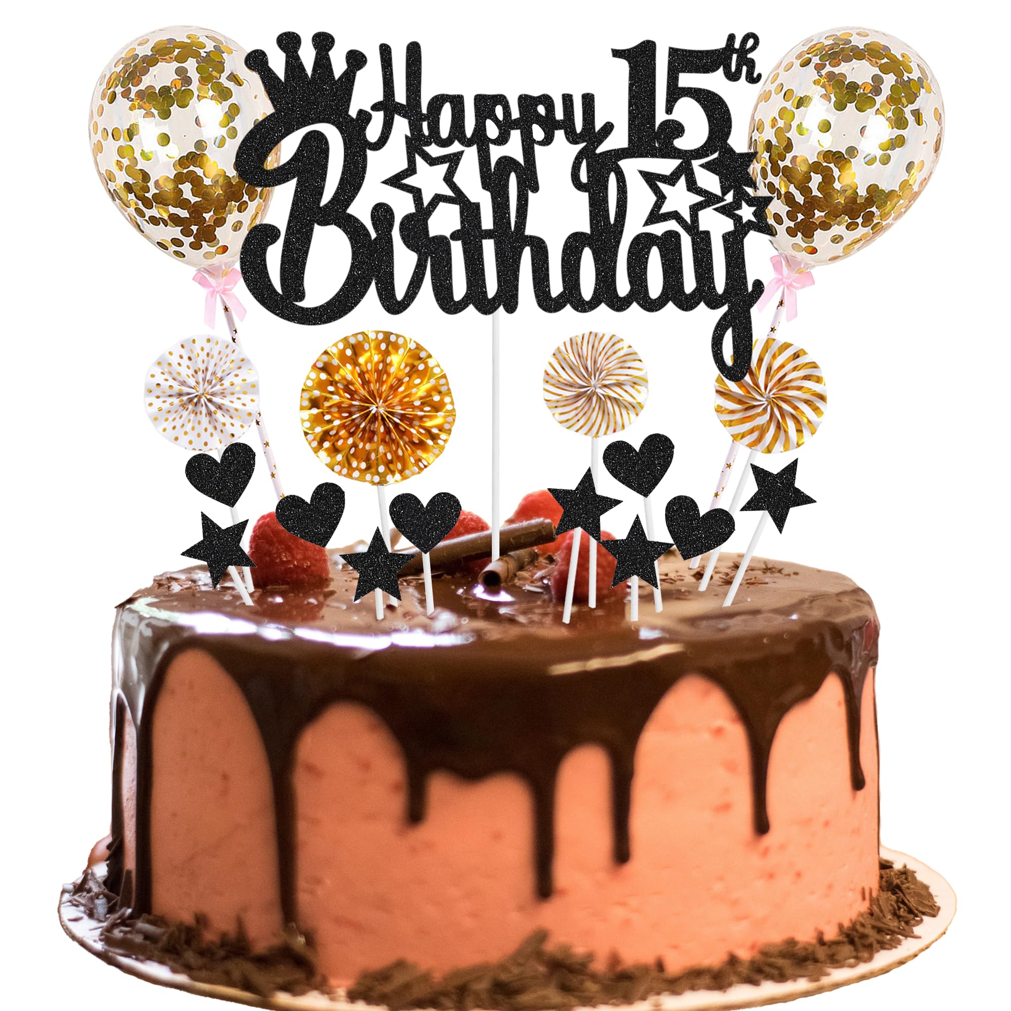 Cake Decoration for 15th Birthday - Happy 15th Birthday Decoration for Boys and Girls - Cake Decoration Black Golden - Hello 15 Glitter Cake Topper