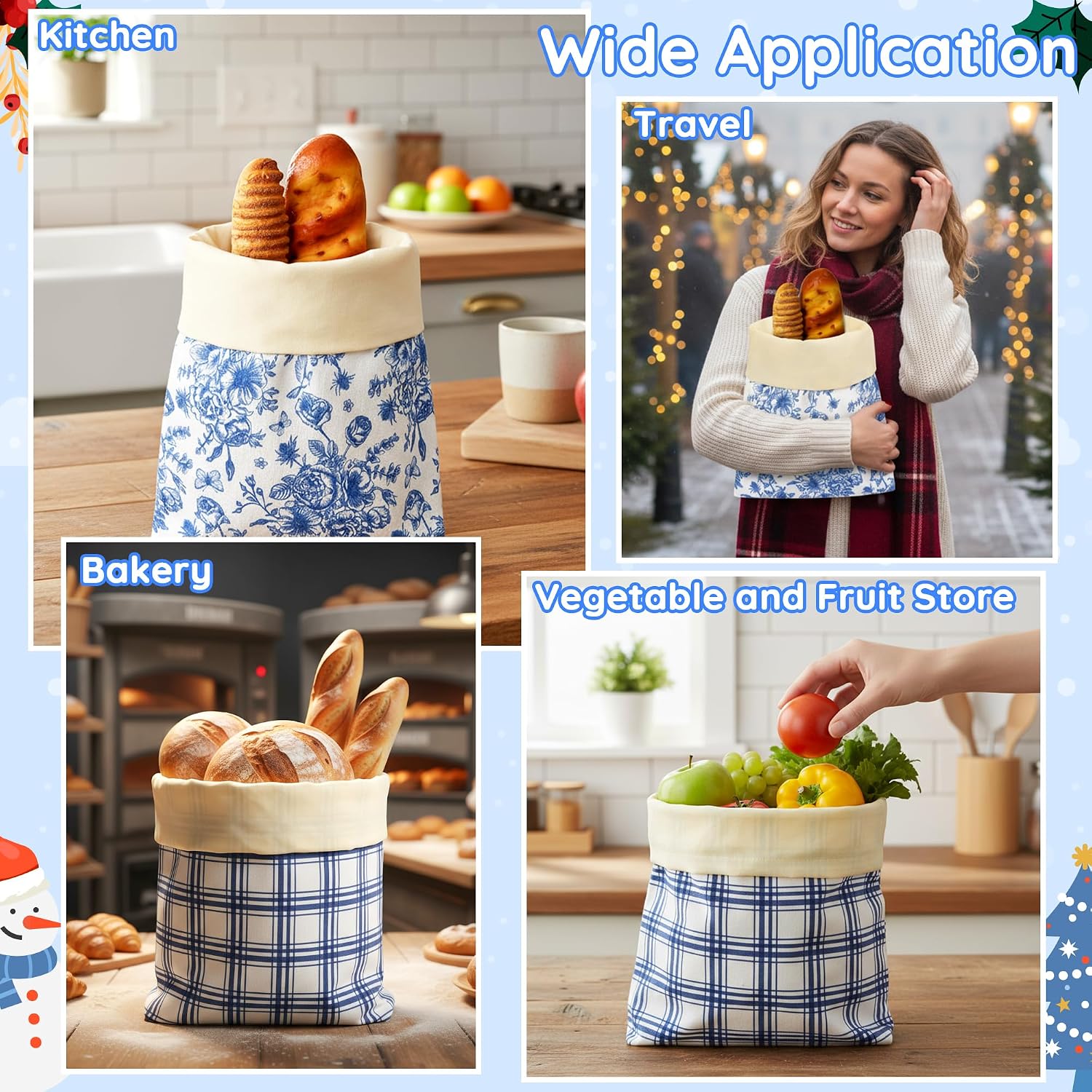 Reusable Beeswax Bread Bags - 2 Pack Bees Wax Homemade Sourdough Bread Storage Bags, Linen Cotton Large Beeswax Freezer for Home Kitchen Baking (Blue White Checkered, Flower)