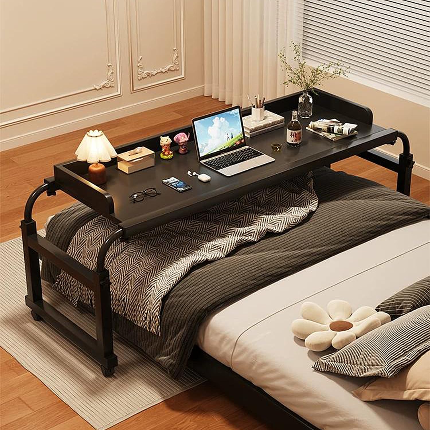 GXQFC Overbed Table Adjustable Height and Length, Bedside Table on Wheels with Lockable Castors, Mobile Laptop Desk Over The Bed and Recliner Table for Bed Home Office Use(Color:Black)