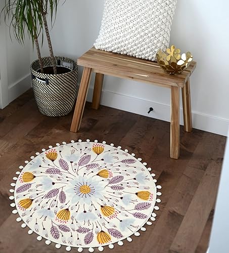 Miniatura 7 de Uphome Alfombra redonda pequeña de 2 pies con pompones y flecos, diseño floral, lavable, suave, antideslizante, circular para ducha, fregadero,