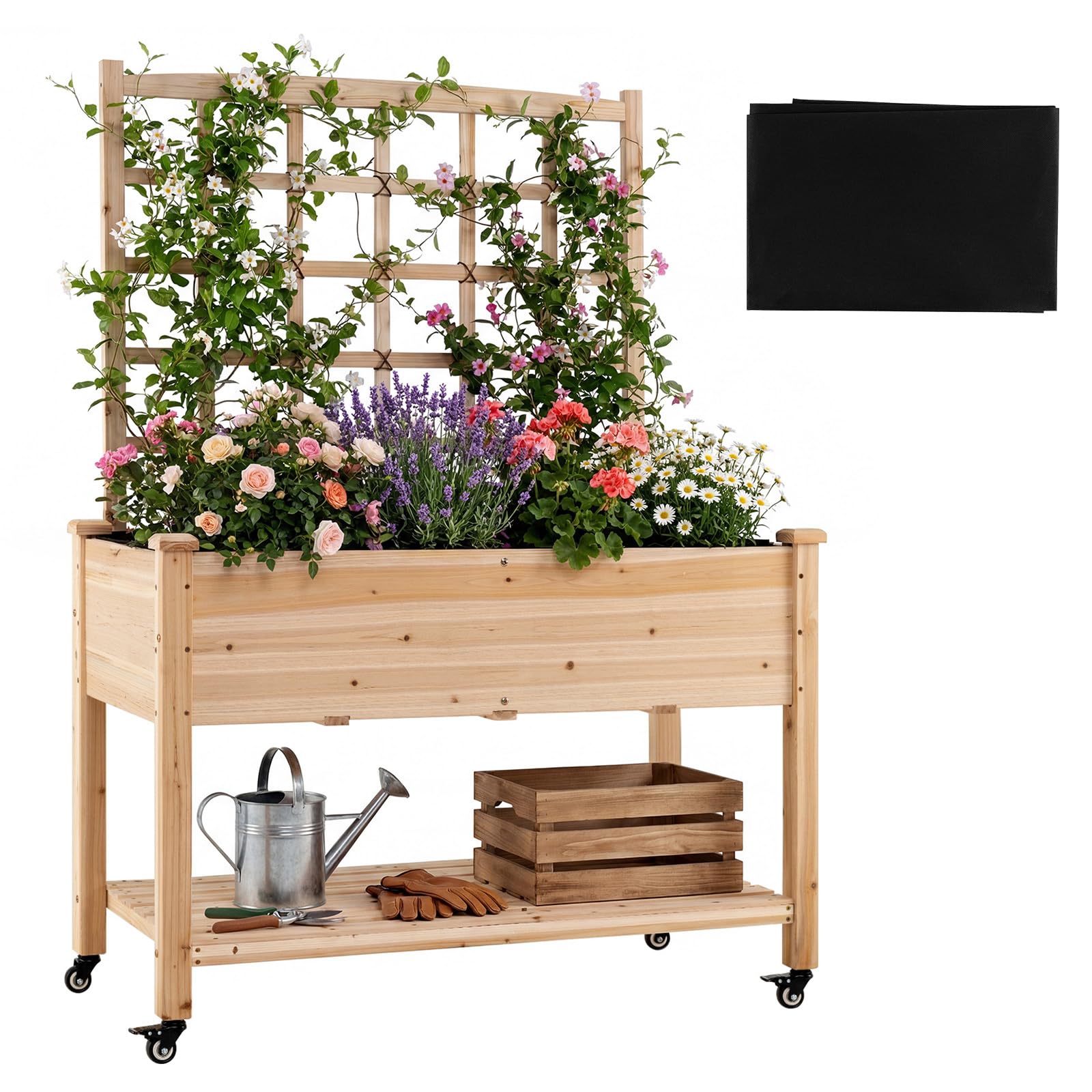 Giantex 65 Wooden Raised Garden Bed with Trellis on Wheels