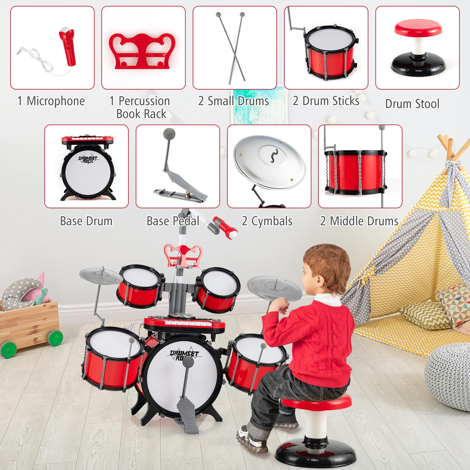 KOMFOTTEU Batterie de Jazz pour Enfant de 3 Ans+, avec Microphone, Ensemble de Batterie avec Tabouret, 5 Tambours, 2 Baguettes, 8 Touches, Connecteur MP3, Instrument Musique pour Enfant