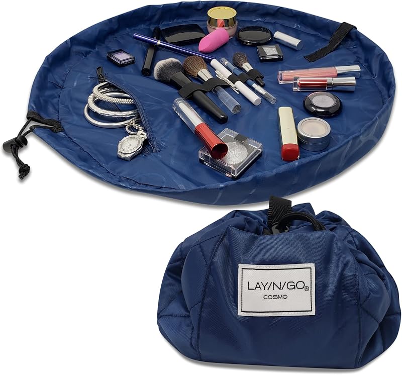 Lay-n-Go Cosmo Necessaire de maquiagem com fechamento por cordão, bolso com zíper e alças para pincéis, Navy