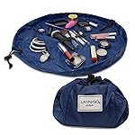 Lay-n-Go Cosmo Layflat Drawstring Cosmetic & Makeup Bag Organizer w/Zipper Pocket, Brush Loops & More, Cinch to Close, Lay Flat to Use, Durable, Machine Wash, Travel Toiletry Bag (20, Navy)