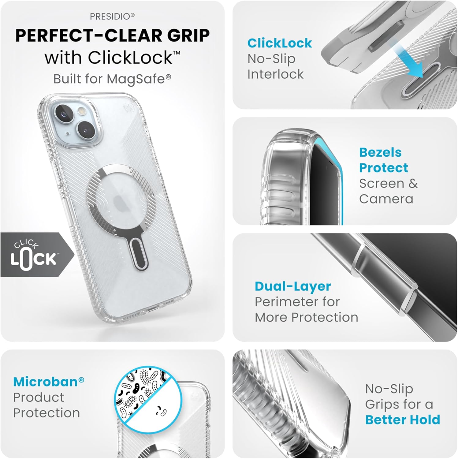 Speck Clear iPhone 15 Plus Case - ClickLock No-Slip Interlock, MagSafe, Drop Protection Grip - for iPhone 15 Plus & iPhone 14 Plus - Anti-Yellowing 6.7 Inch Phone Case - Presidio Grip Clear/Chrome
