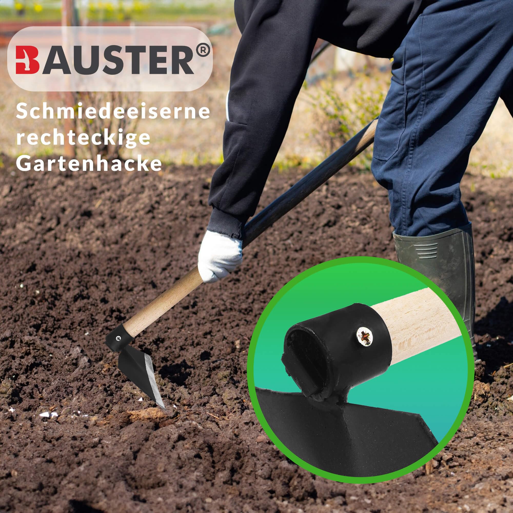 Gartenhacke mit Zinken – Rechteckige, geschmiedete Hacke (schwarz) mit 110 cm Holzstiel (Gesamtlänge 115 cm) – Für Erde lockern, lüften & Unkraut entfernen