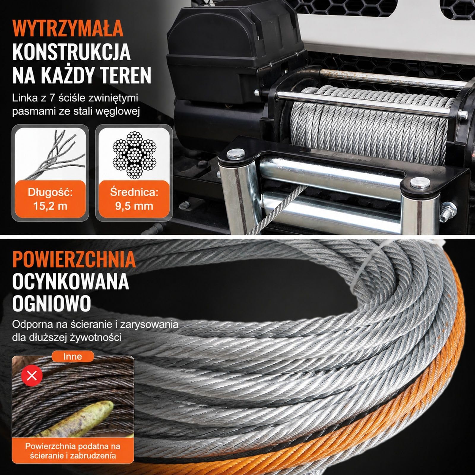 Lina wyciągarki ze stali węglowej z hakiem obrotowym i zatrzaskiem do auta, SUV, ATV oraz pojazdu terenowego
