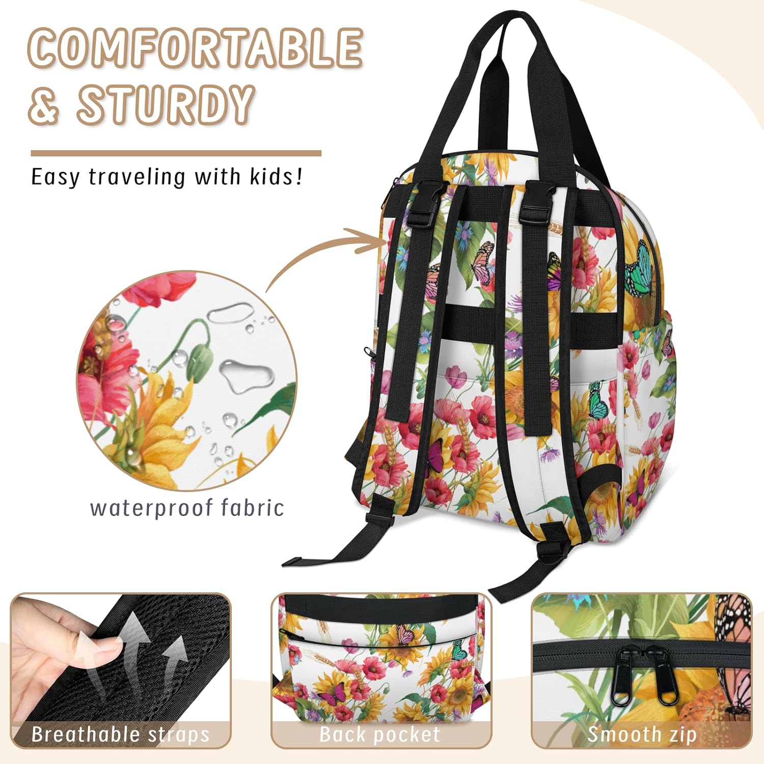 Butterfly Sunflower Flowers Diaper Bag Backpack-Multi-functional mother and baby bag Thermal compartment USB charging port Large capacity Multi-pocket organizer Stroller can be hung Travel shopping