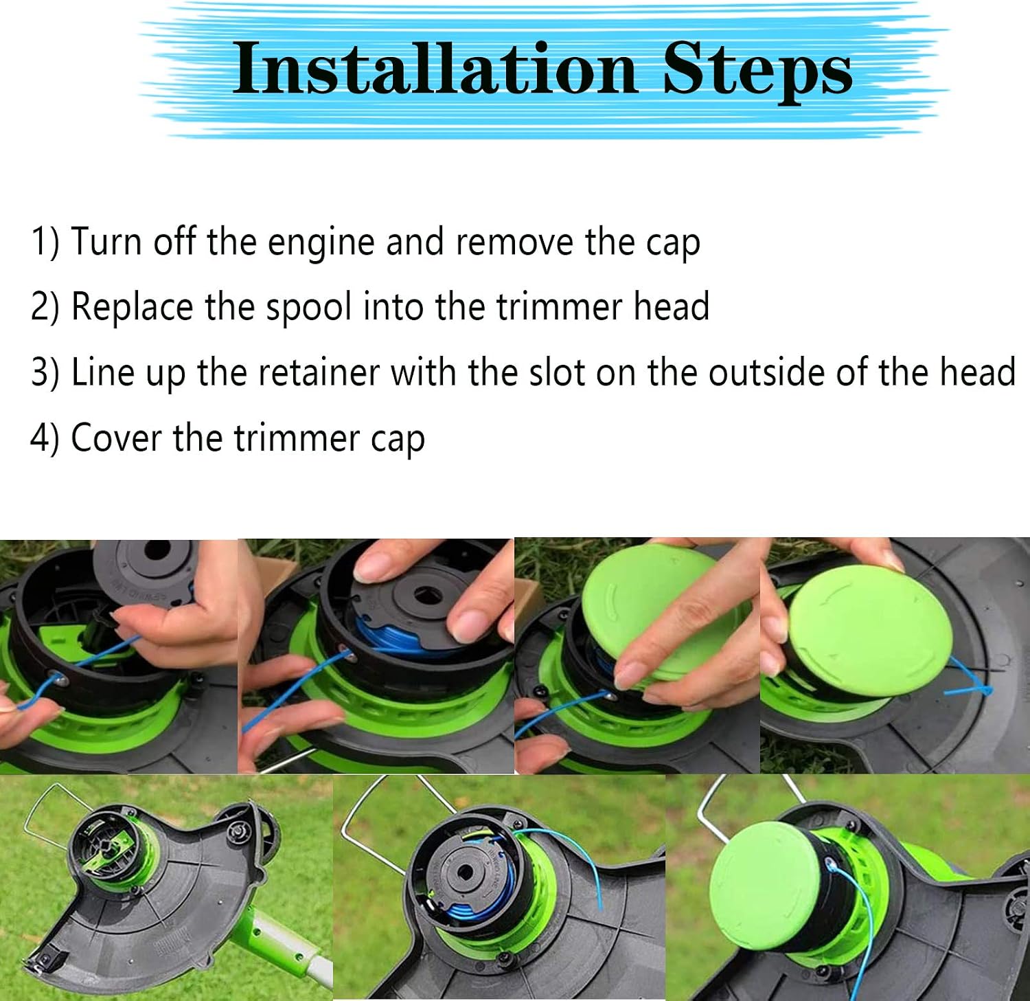 BOOTOP 29092 String Trimmer Replacement Spool 29252, Compatible with Greenworks 24V 40V 80V Weed Eater Cordless Trimmer 21332 21342.065-Inch Single Line Trimmer Replacement Spool (8 Spools, 2 Caps)