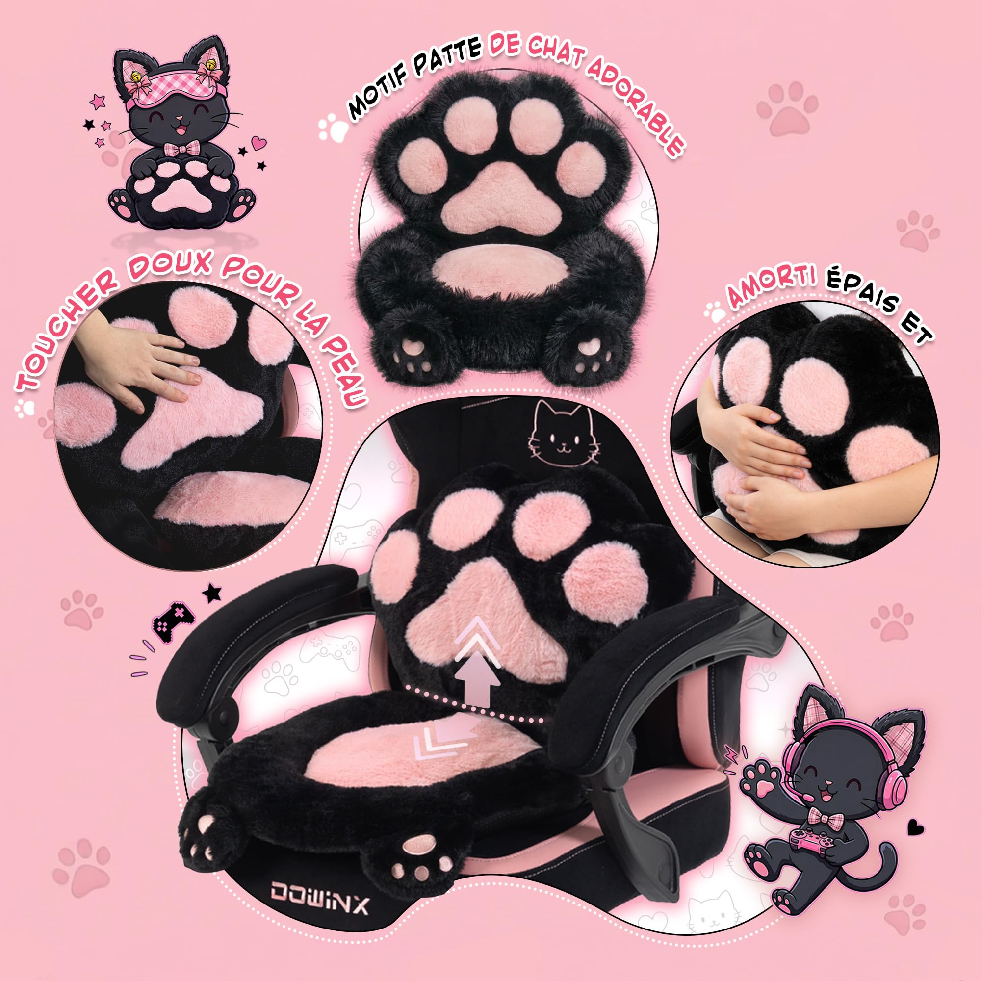 Dowinx Silla Gaming Ergonómica con Reposapiés, Silla Gamer de Terciopelo con Cojín Lumbar y Orejas de Gato, Silla de Oficina para PC y Escritorio, para Mujeres, Adultos y Adolescentes,Negro y Rosa
