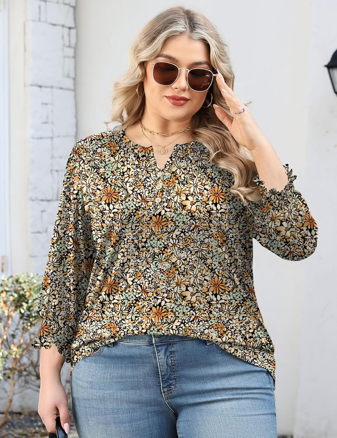 LOMON Womens Plus Size Tops 3/4 Length Sleeve Womens Tops Casual V Neck Loose Fit Blouses 1X-5X - Image 5