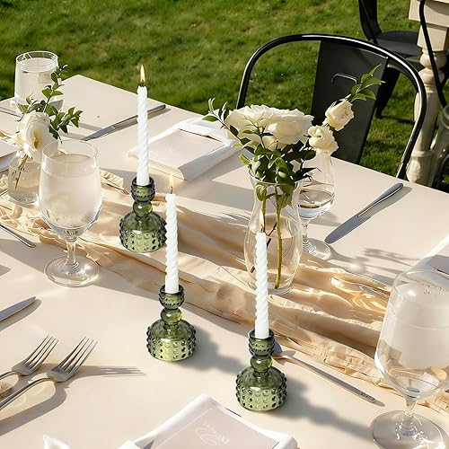 Miniatura 3 de Juego de 3 portavelas cónicos en relieve de lunares con adhesivo de velas de cera, portavelas de vidrio verde salvia para velas de 0.8 pulgadas para