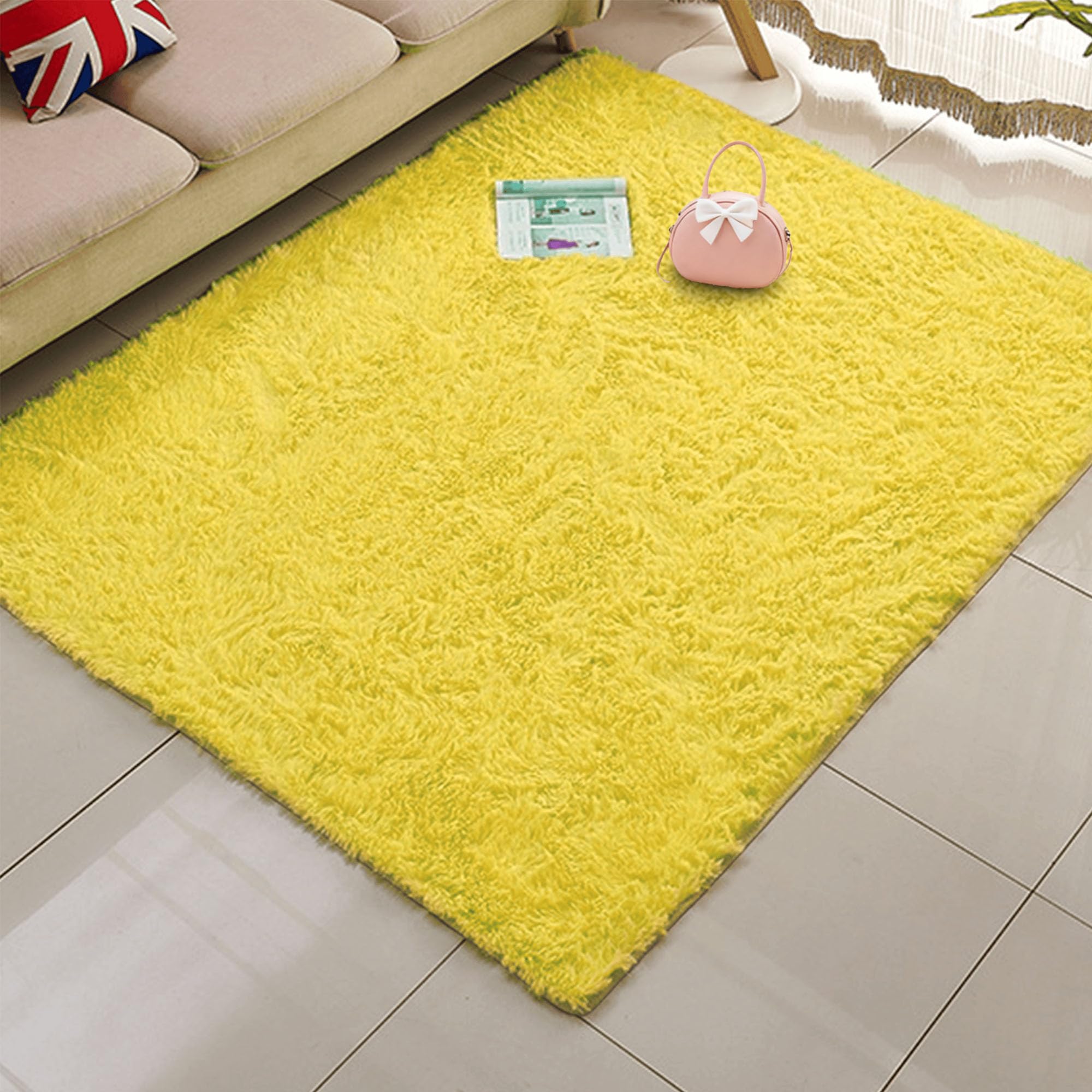 Tapis salon shaggy jaune lavable et moelleux de 210x290 cm