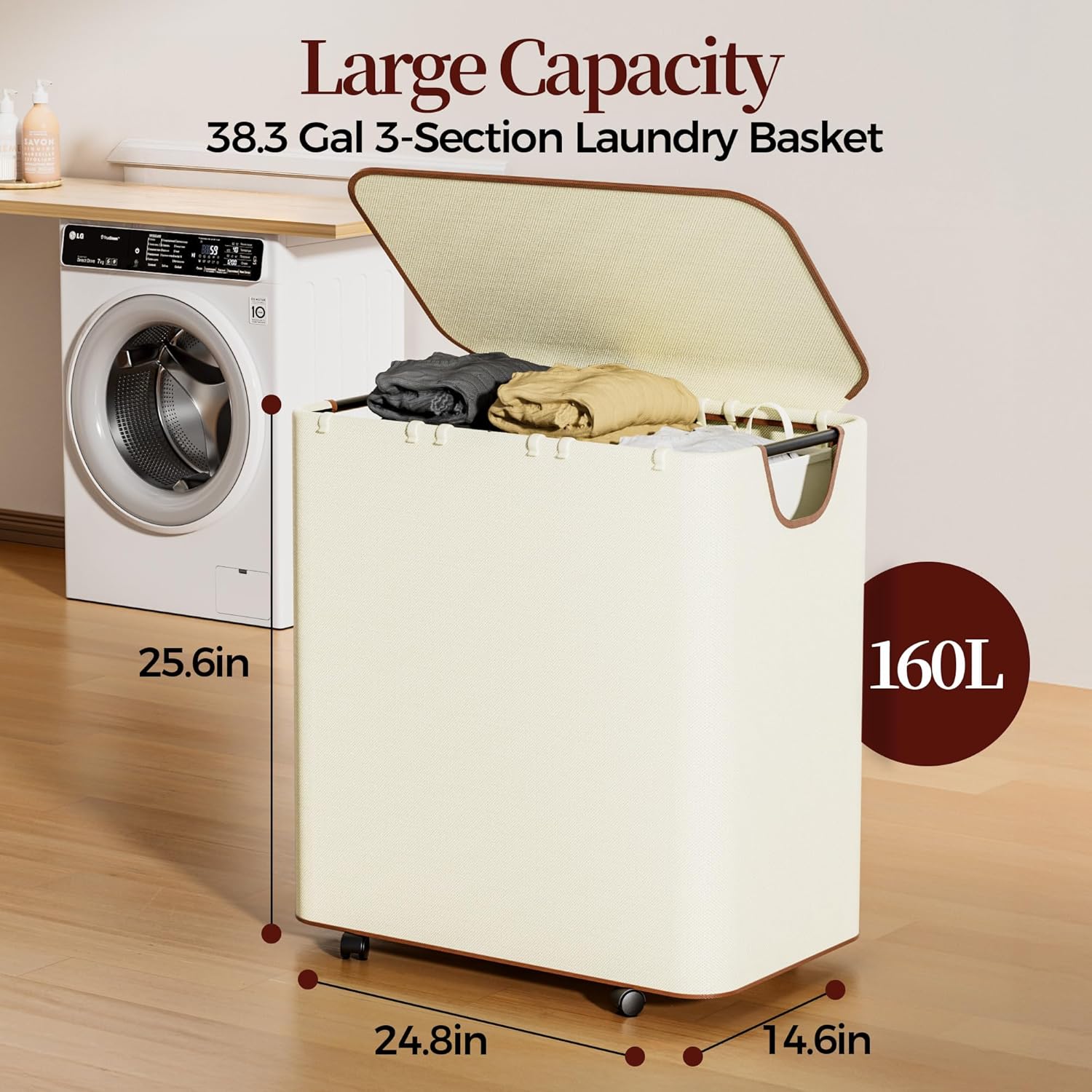LAMU 160L Laundry Basket with Wheels, Rolling Laundry hamper with Lid and 3 Removable Laundry Bag, Beige Large Capacity 3 Section Dirty Clothes Hampers for Laundry Room, Bedroom, Bathroom, Dorm