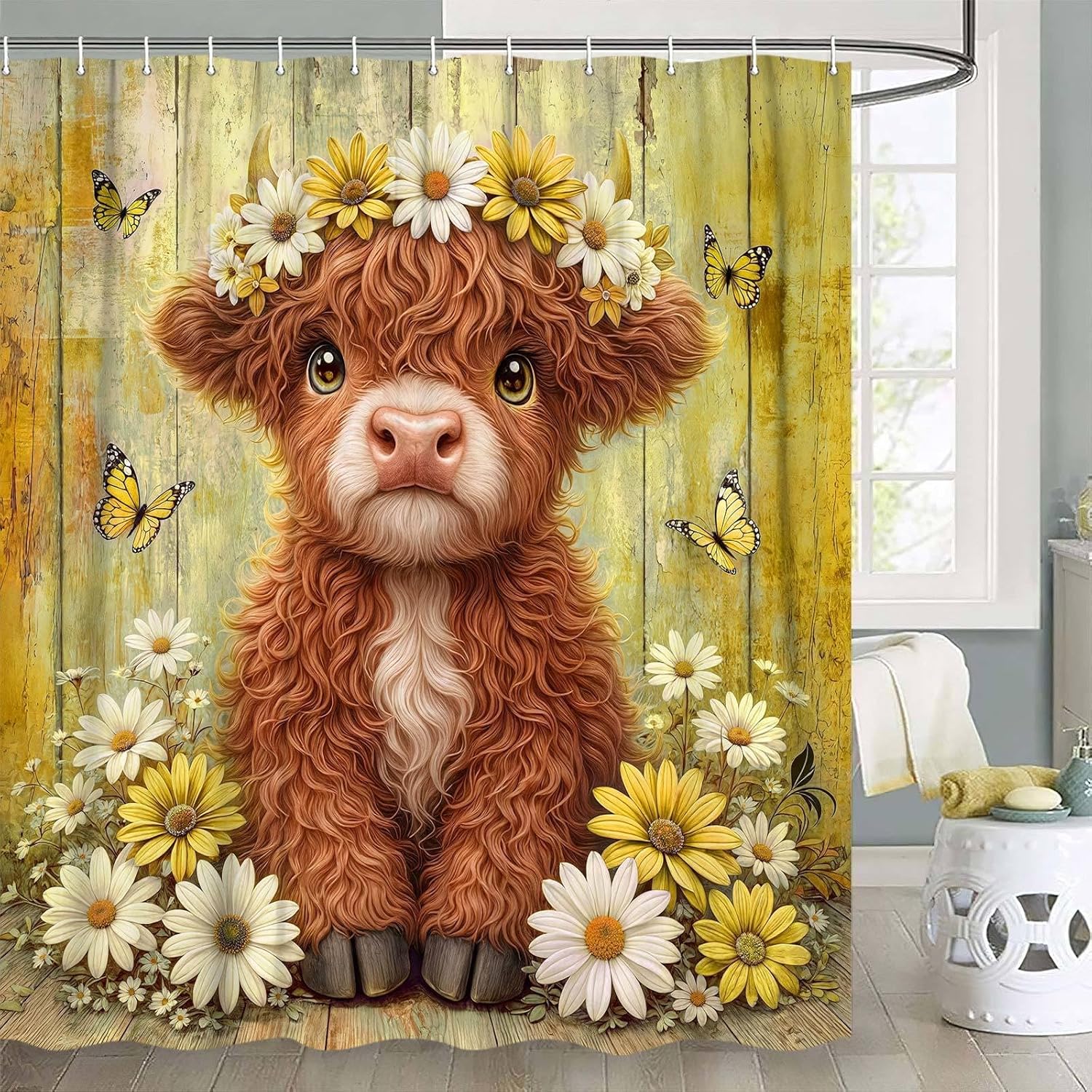 Cute Cow Shower Curtain, Farmhouse Rustic Yellow Floral Daisy Highland Cow Shower Curtains for Bathroom, Calf Country Farm Animal Garden Plant Fabric Bathroom Decor with Hooks, 70x84 inch
