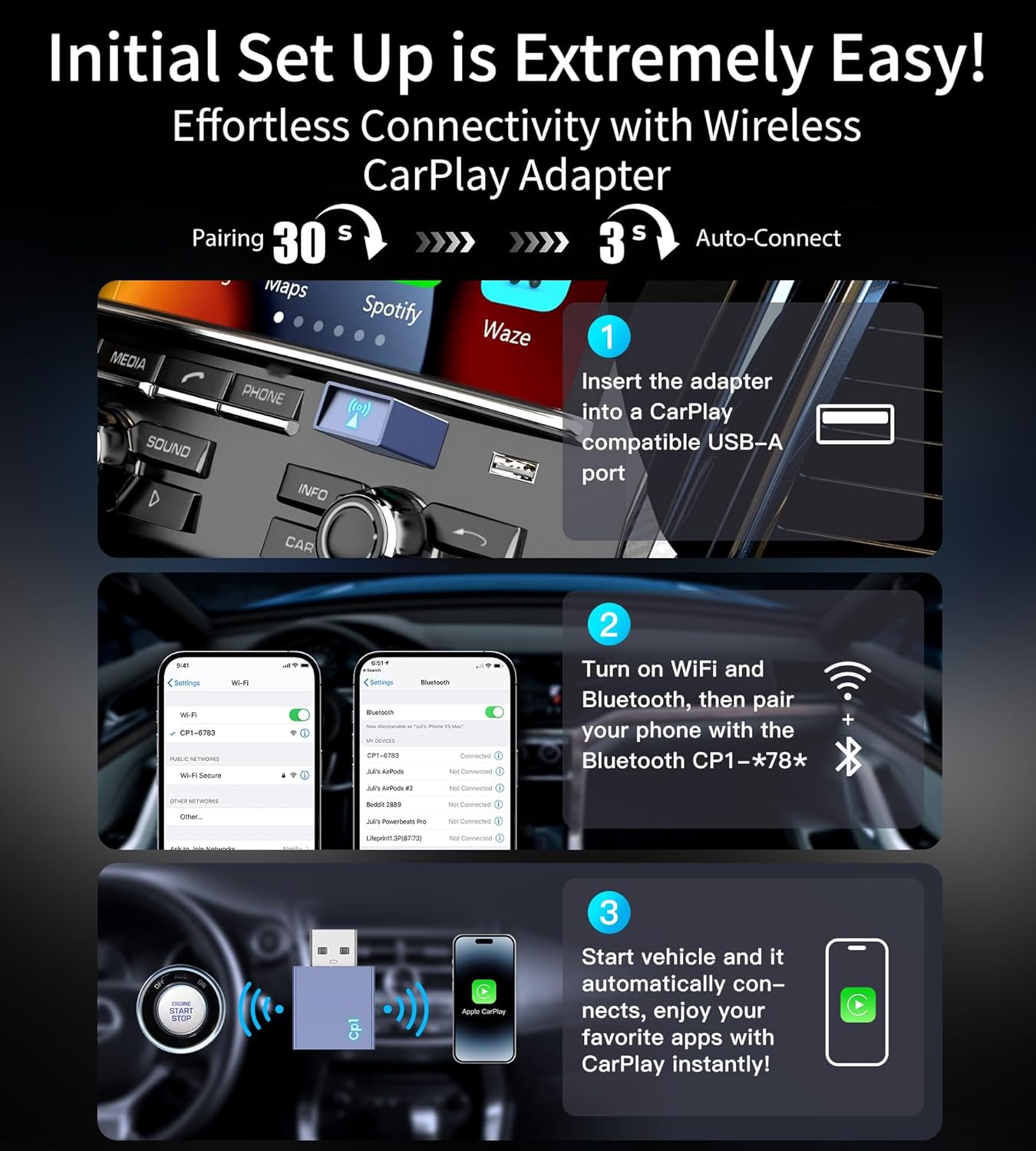 Wireless CarPlay Adapter for Apple [2025 Upgrade] Convert Wired to Mini Wireless Bluetooth Car Play Adapter, Plug and Play Stable Connection Compatible for Cars from 2016 & iOS 10+, Blue - Image 2