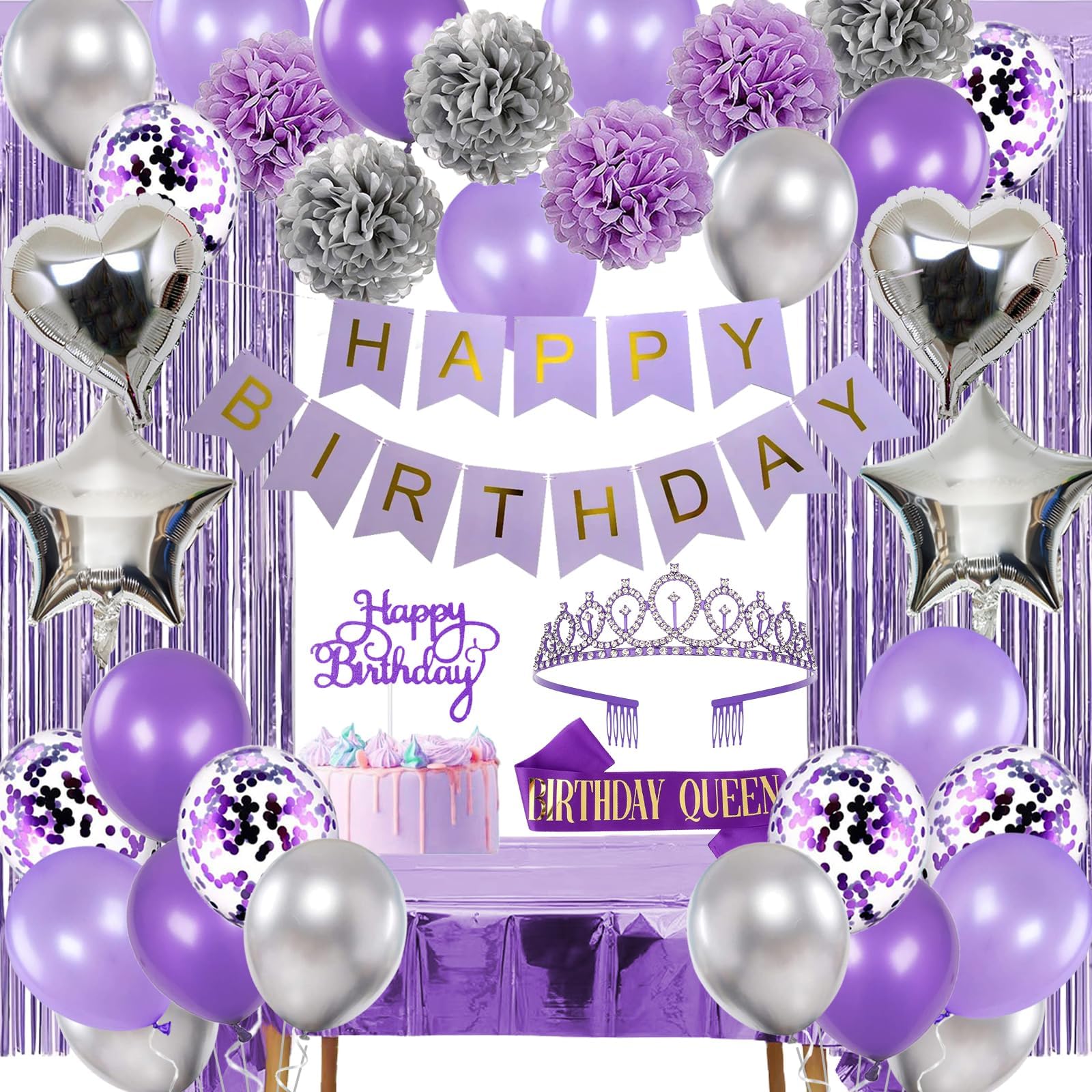 Rabbmall Purple and Silver Birthday Decorations for Women Girls Lavender Party Decor Set with Happy Birthday Banner and Balloons, Sash and Crown, Curtains, Cake Topper Table Cloth