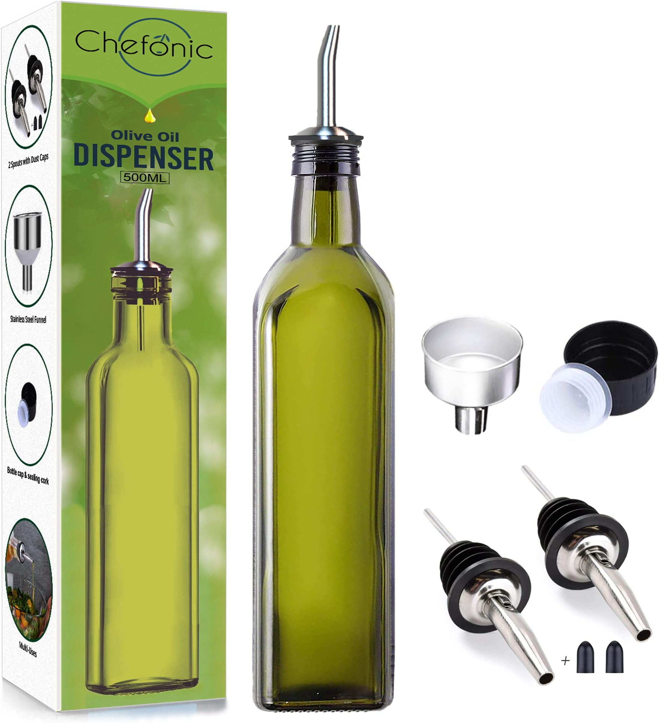 Green Glass Oil Dispenser - 500 ml, with Funnel & 2 Stainless Steel Pourers - Modern Olive Oil Bottle Drizzler for Kitchen