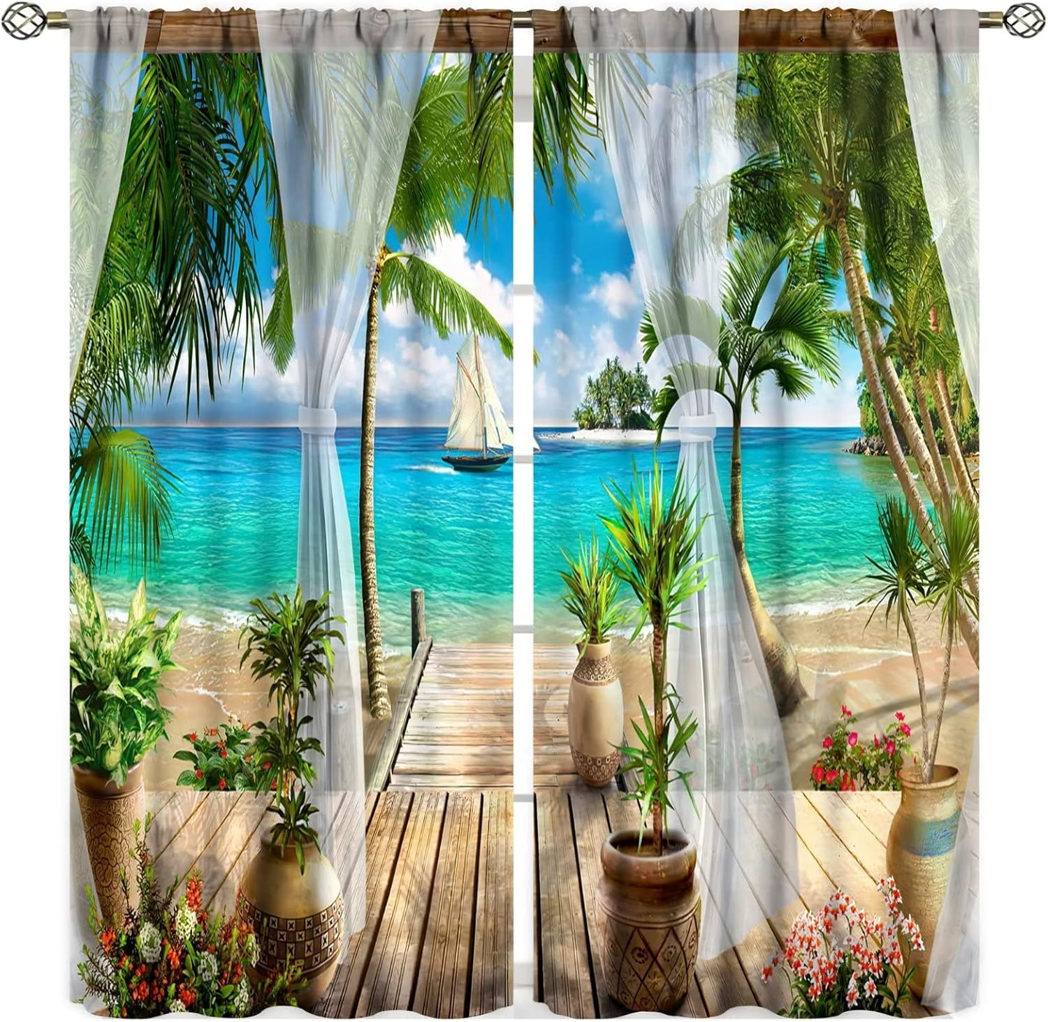 Beach Window Curtain,Palms Tropical Island Summer Vacation Blackout Rod Pocket Window Drapes for Living Room Bedroom Hotels,2 Panel Set W42xL45in 21"W x 45"L (Pack of 2) Style-3