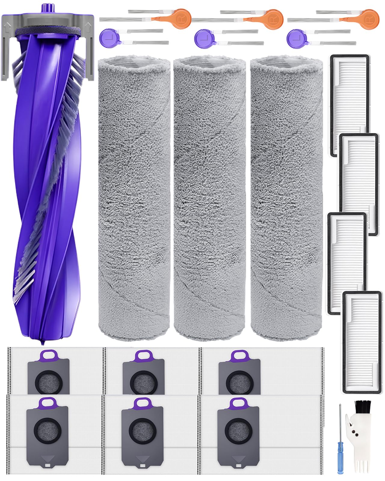 Flow accessoires pour Narwal Flow Robot Aspirateur, 22 Pièces 1 Brosse principale, 3 Lingettes de piste, 4 Filtres HEPA, 6 Brosses latérales, 6 Sacs à poussière,1 Brosse de nettoyage et