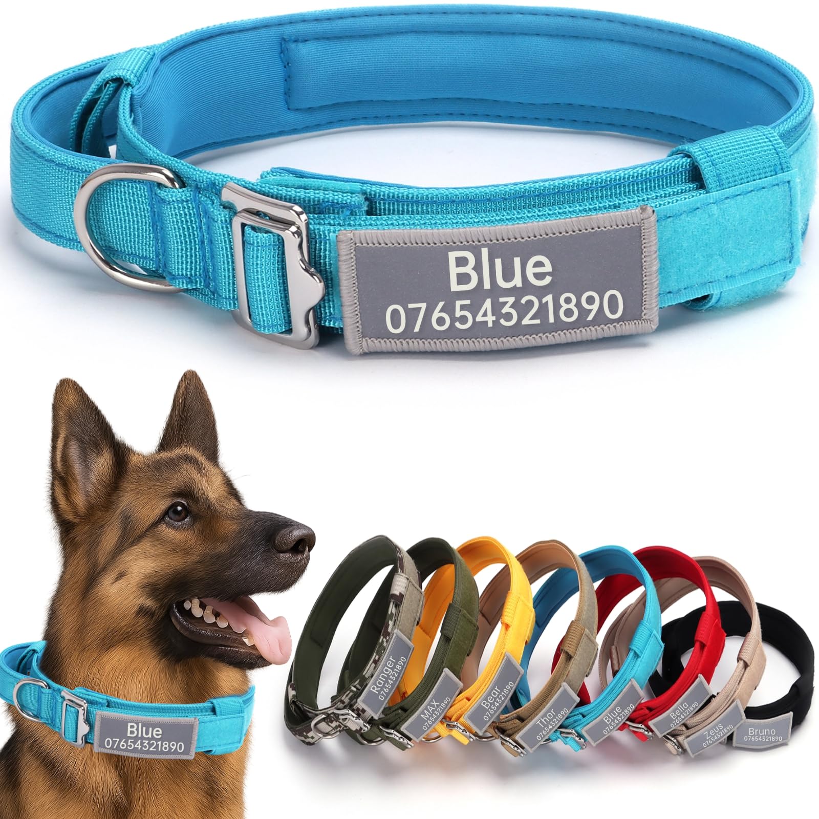 SEOUGEE Tactical Dog Collar Personalised with Handle, Soft Padded Dog Collars with Custom Reflective Name Patch, Adjustable Collars with Portable Buckle for Small Dogs Training (Sky Blue, S) — image 1