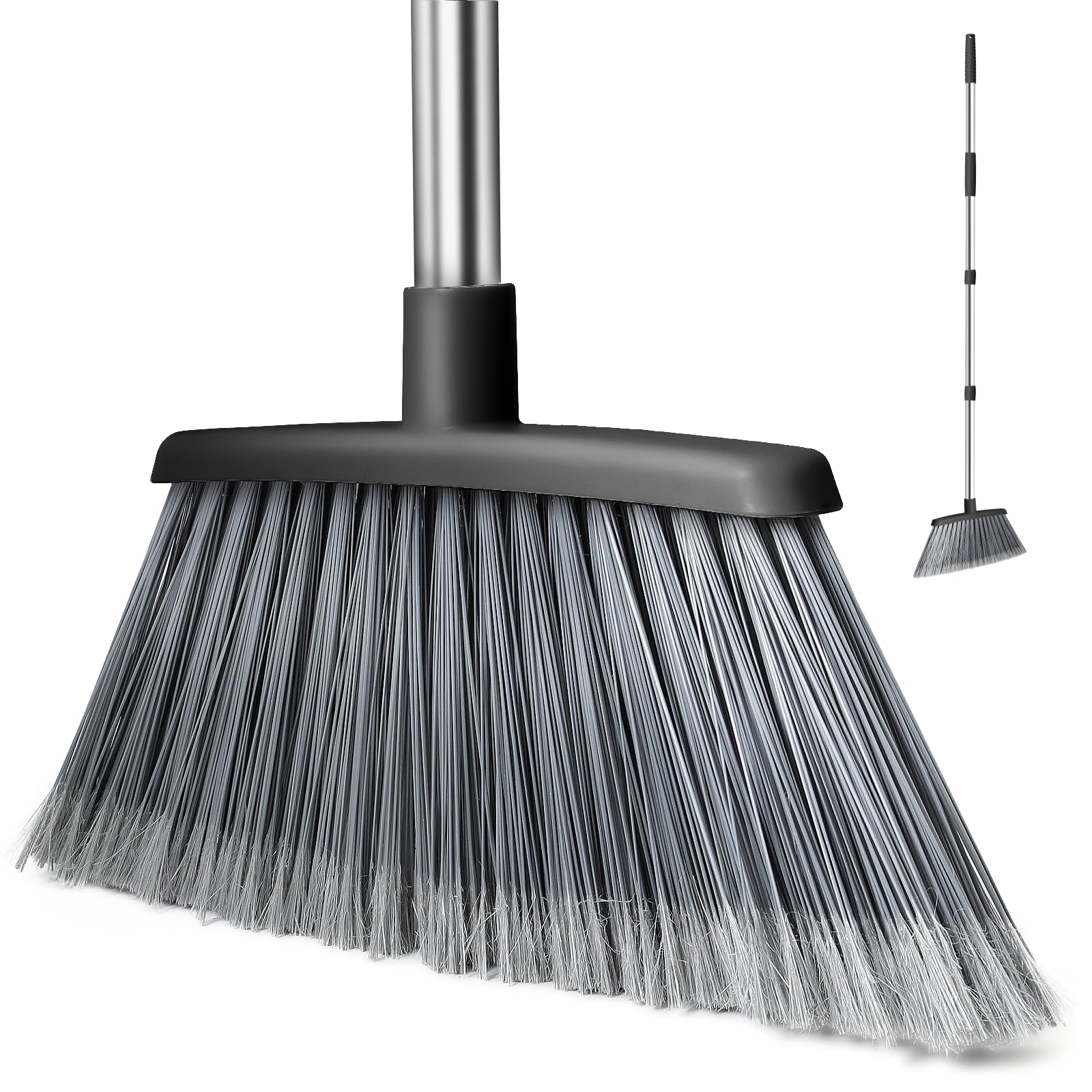 Broom, Outdoor Brooms for Sweeping Indoor, Adjustable 55" Pet Hair Removal Heavy Duty Broom for Floors Home Kitchen Garage Commercial Patio Industrial Snow (Black)