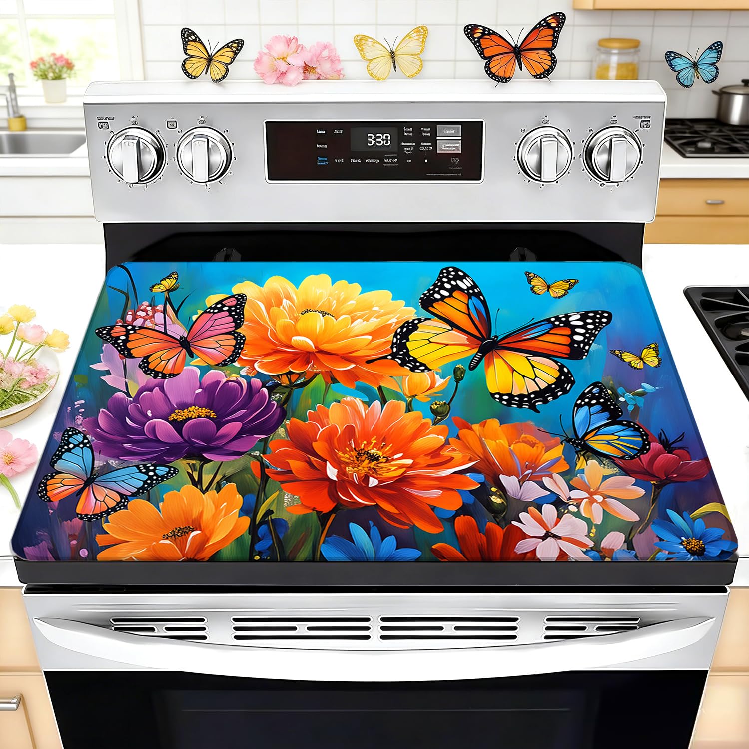 Spring Stove Top Cover for Electric Stove 28 "x 20 ", Flowers Butterflies Heat Resistant Glass Top Stove Cover Protector, Glass Cooktop Covers, Kitchen Flat Electric Stove Top Covers