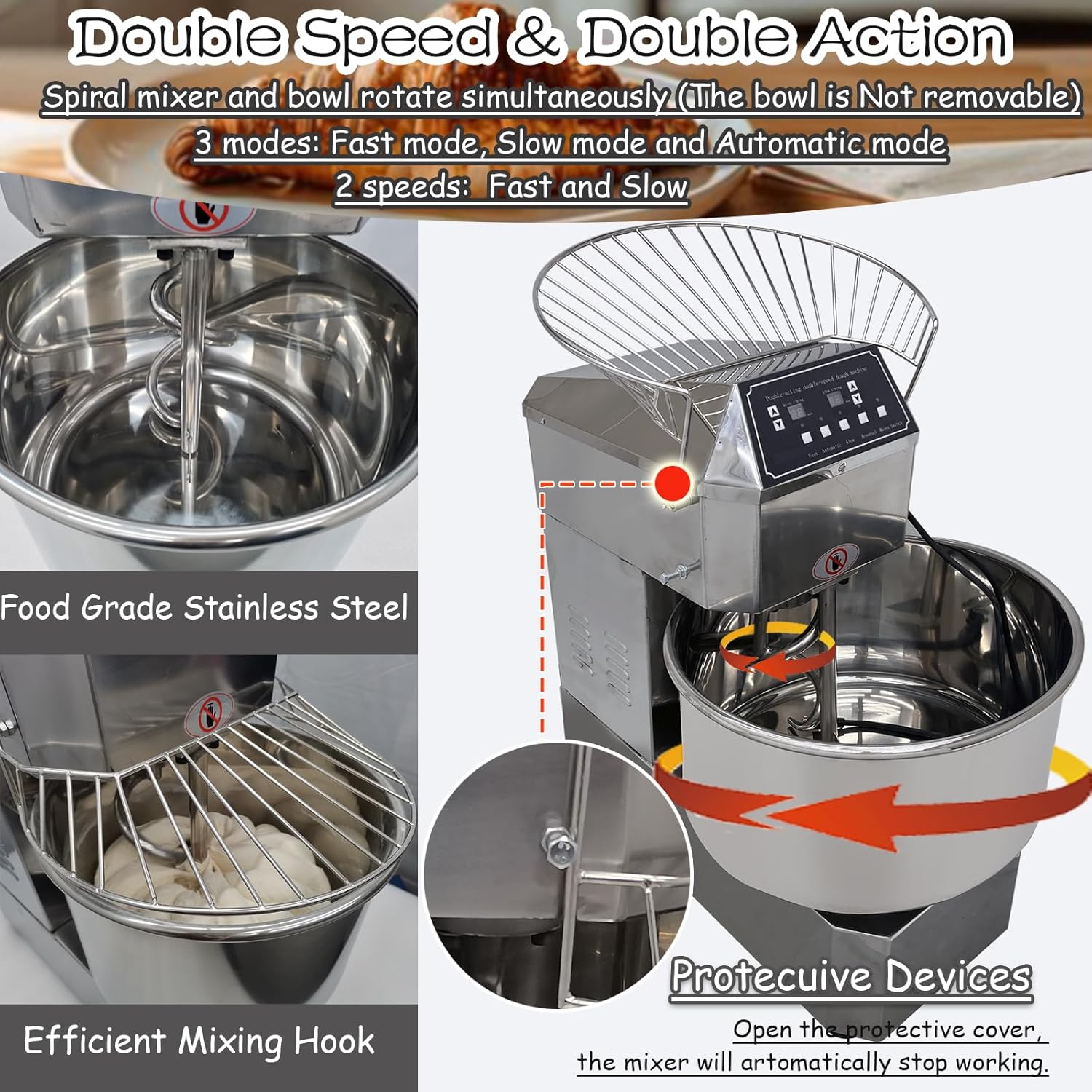 INTSUPERMAI Commercial Dough Mixer Machine 30QT Stand Flour Mixing Machine Electric Food Stand Mixer with Double Action Double Speed Spiral Mixing Time Setting 110V 30L Capacity