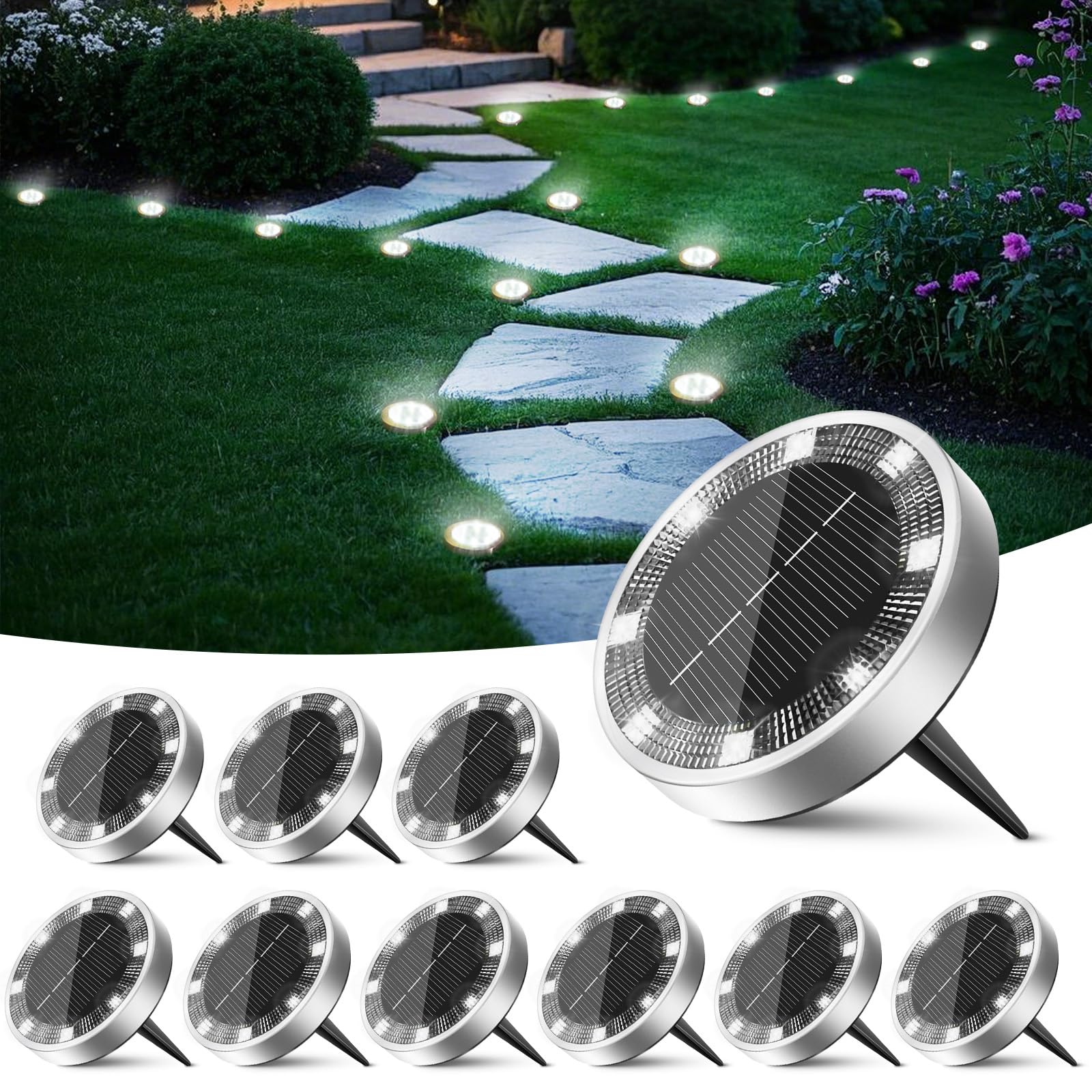 Peasur 12 Paquetes Luces Solares LED Exterior Jardin Suelo,8 LED Luz Solar Exterior Jardin, IP65 Impermeable Luces Solares para Patio, Camino, Césped, Blanco Frío — view 9
