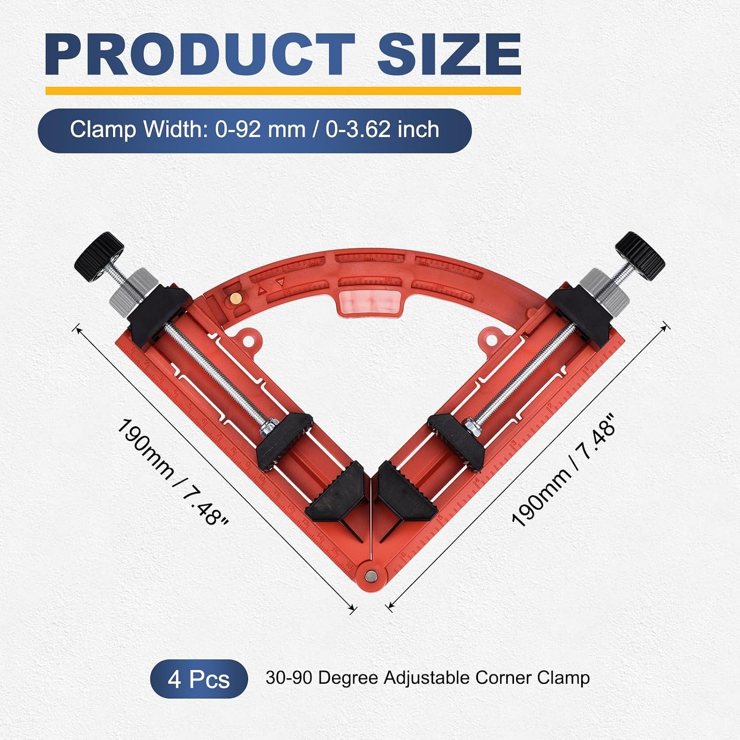 HARFINGTON 4Pcs Right Angle Clamp 7.48"(190mm) ABS Plastic 30-90 Degree Adjustable Woodworking Corner Clamp Photo Frame Vise Fixture Tools for Home Improvement Wooden DIY Projects, Red