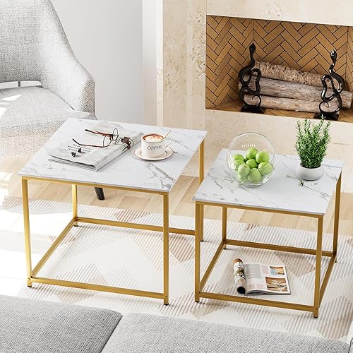 Miniatura 19 de Garden 4 you - Juego de 2 mesas de centro de café, mesa anidada moderna de mármol sintético, juego de mesas centrales cuadradas con estructura