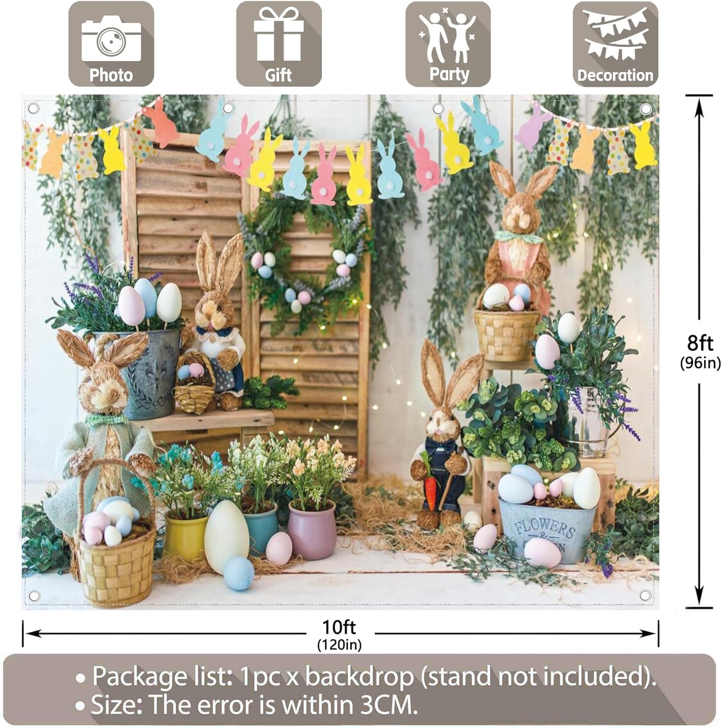 10x8ft Spring Easter Photography Backdrop Garden Bunny Colorful Eggs Flower Stand Background Rabbit Flag Baby Kids Portrait Photo Tapestry Booth Props