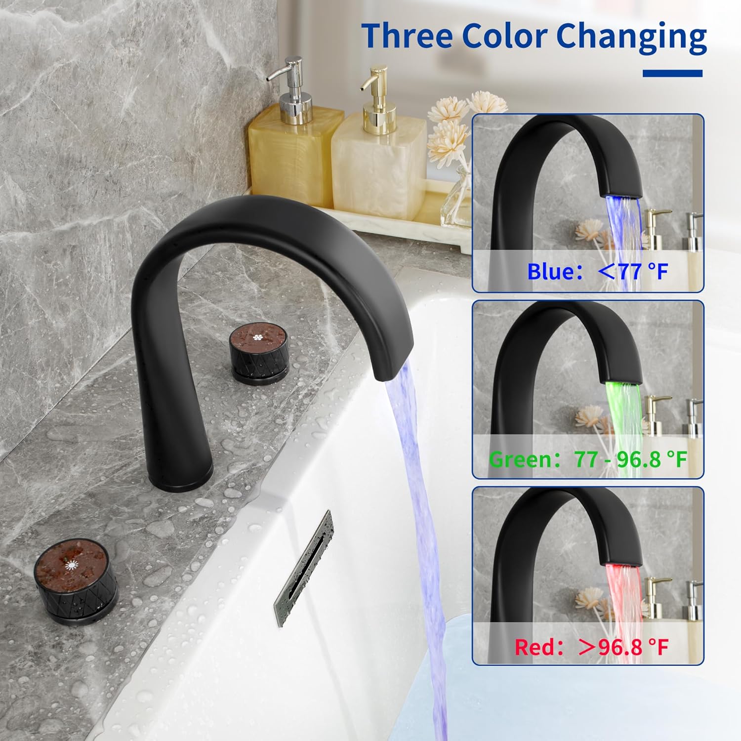 SKOWLL Bathtubs Faucet Roman 3 Hole LED Bathroom Vanity Faucet Swivel Spout with Overflow Drain, Matte Black