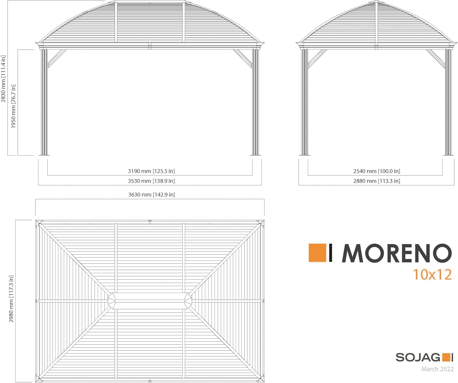Interior view of the gazebo's galvanized steel roof panels, showing the sturdy construction.