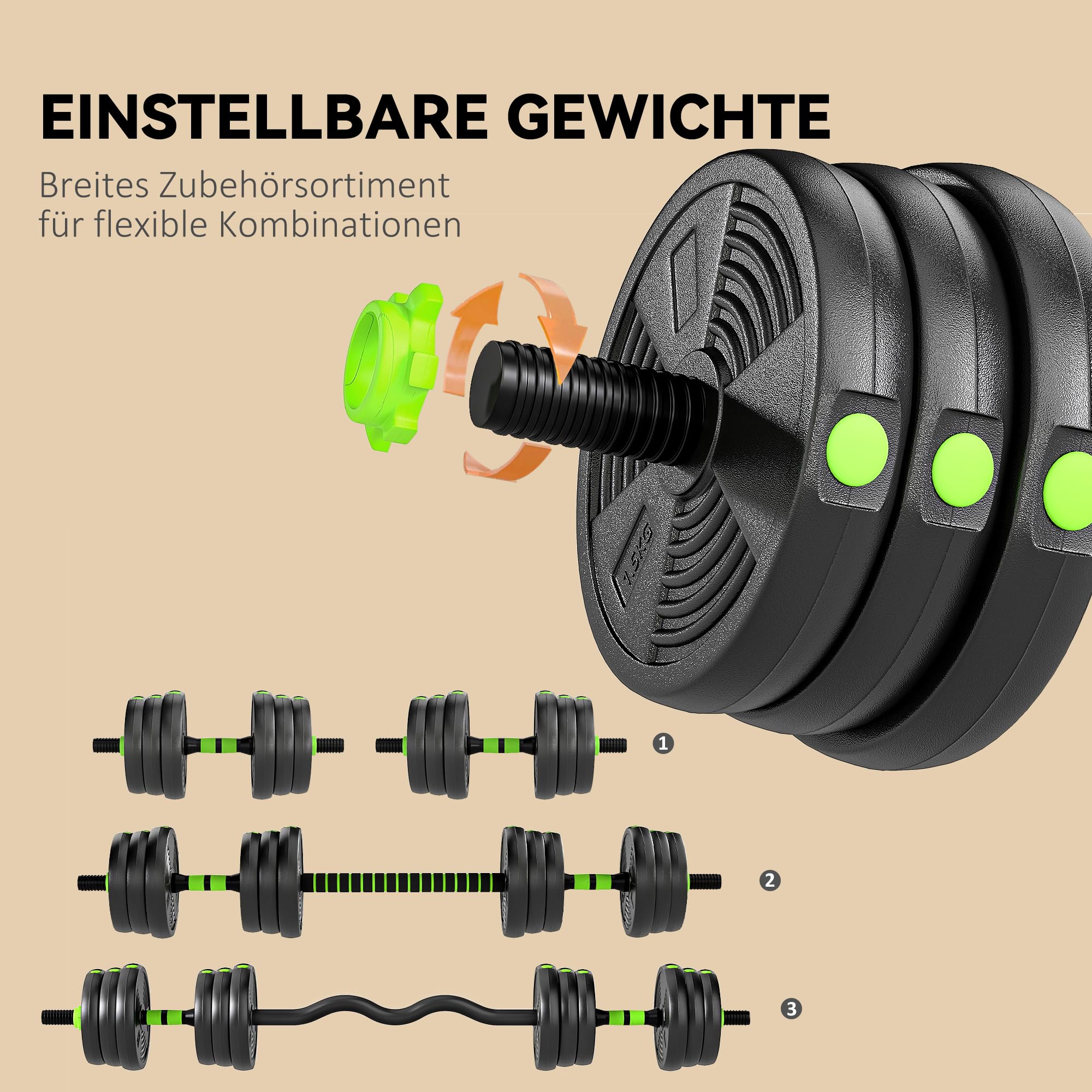 SPORTNOW Zestaw krótkich hantli 3 w 1, 20/25/30 kg, zestaw krótkich hantli z rurą łączącą, zestaw krótkich hantli do treningu siłowego w domu, na siłownię