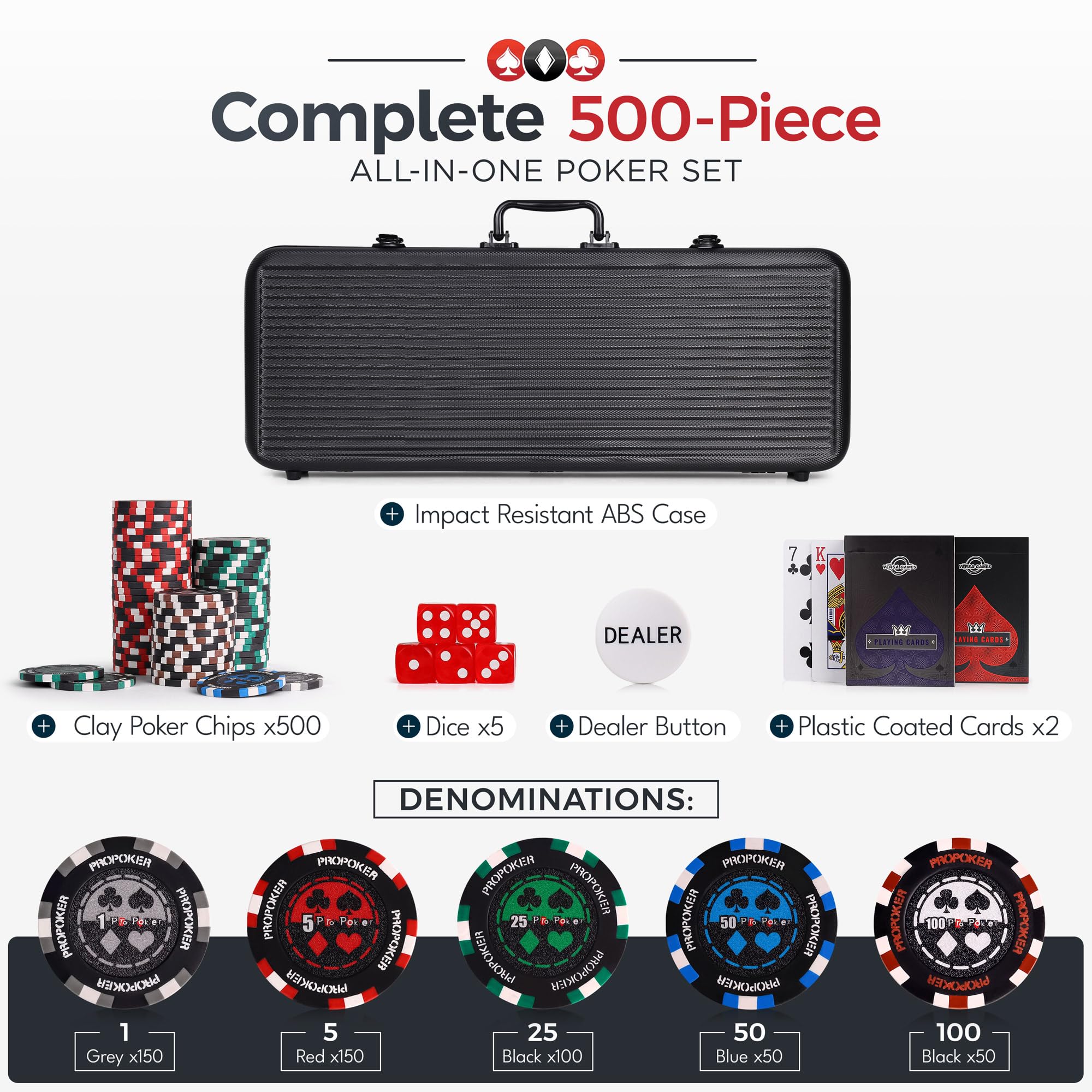 Versa Games 500 13.5g Pro Poker Clay Poker Chip Set - Casino