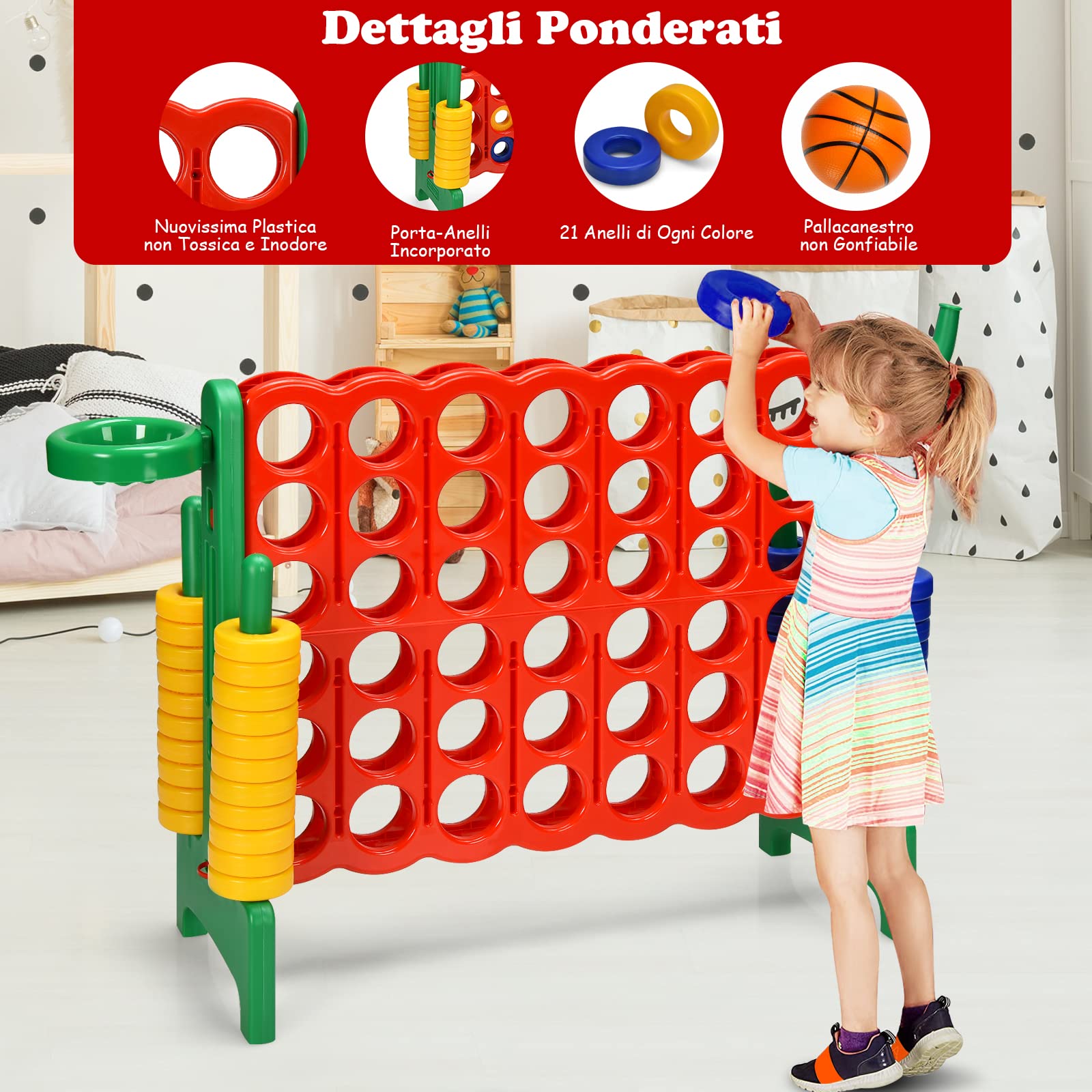 GYMAX Gioco Forza 4 Gigante 3 in 1, Anelli di Lancio, Canestro e Pallacanestro, per Bambini e Adulti, 84 x 33 x 74 cm (Verde)