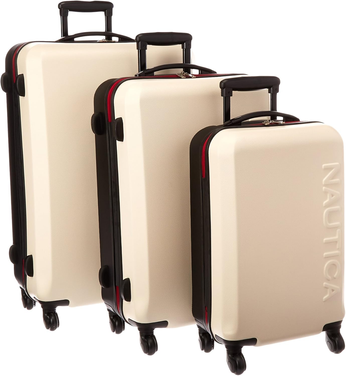 Nautica 3 Piece Hardside 4-Wheeled Luggage Set, Sail Creme/Black/Red
