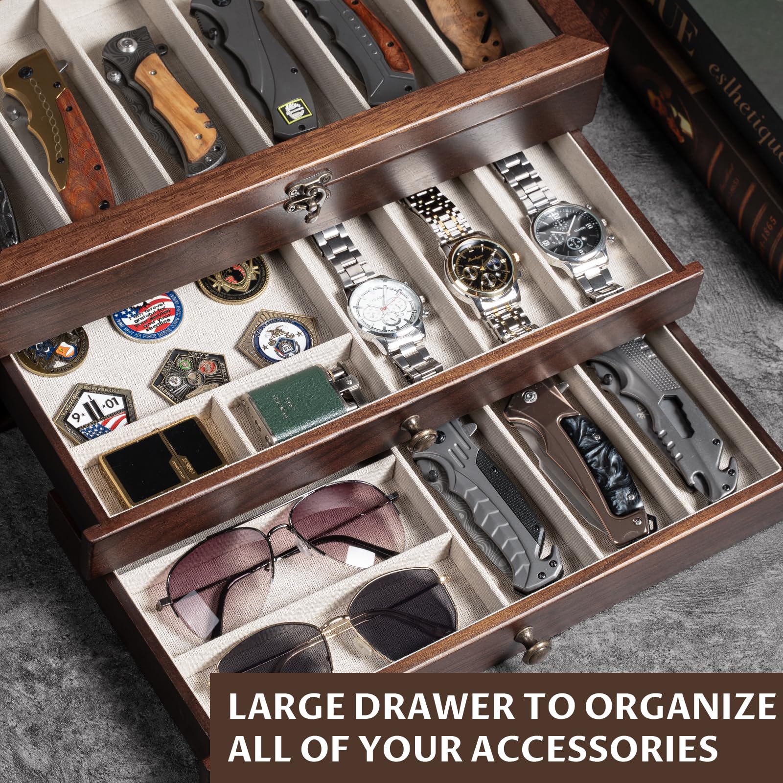 3 Étages Coffret Poignard, Bois Boîte Présentoir à Couteaux avec Tiroir et Couvercle Transparent, Support à Couteaux pour Exposer et Ranger les Couverts, pour Collection, Cadeau (Noyer)