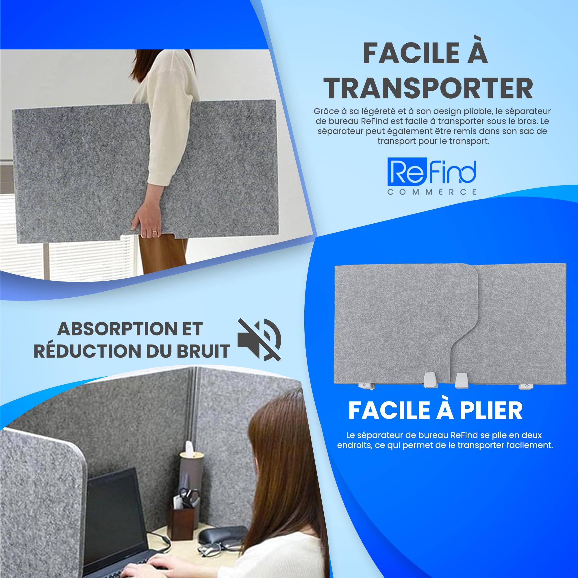 Cloison de bureau ReFind Pro. Réduction acoustique et écran de confidentialité pliable pour espace de travail. Organisateur de bureau autonome. Pour bureau, école et télétravail. [50cm x 50cm x 80...
