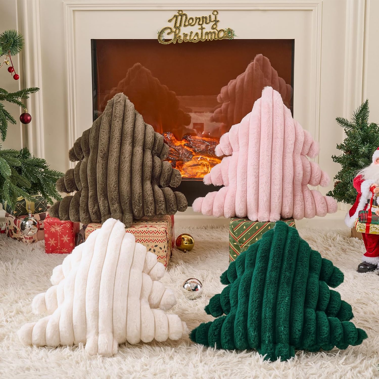 Lanpn Christmas Tree Pillows Set of 2, Christmas Decoration Wide Stripes Winter Throw Pillows Soft Cute 3D Shaped Xmas Tree Throw Cushion for Sofa Bedroom Xmas Decor (18x16 inch, Brown)