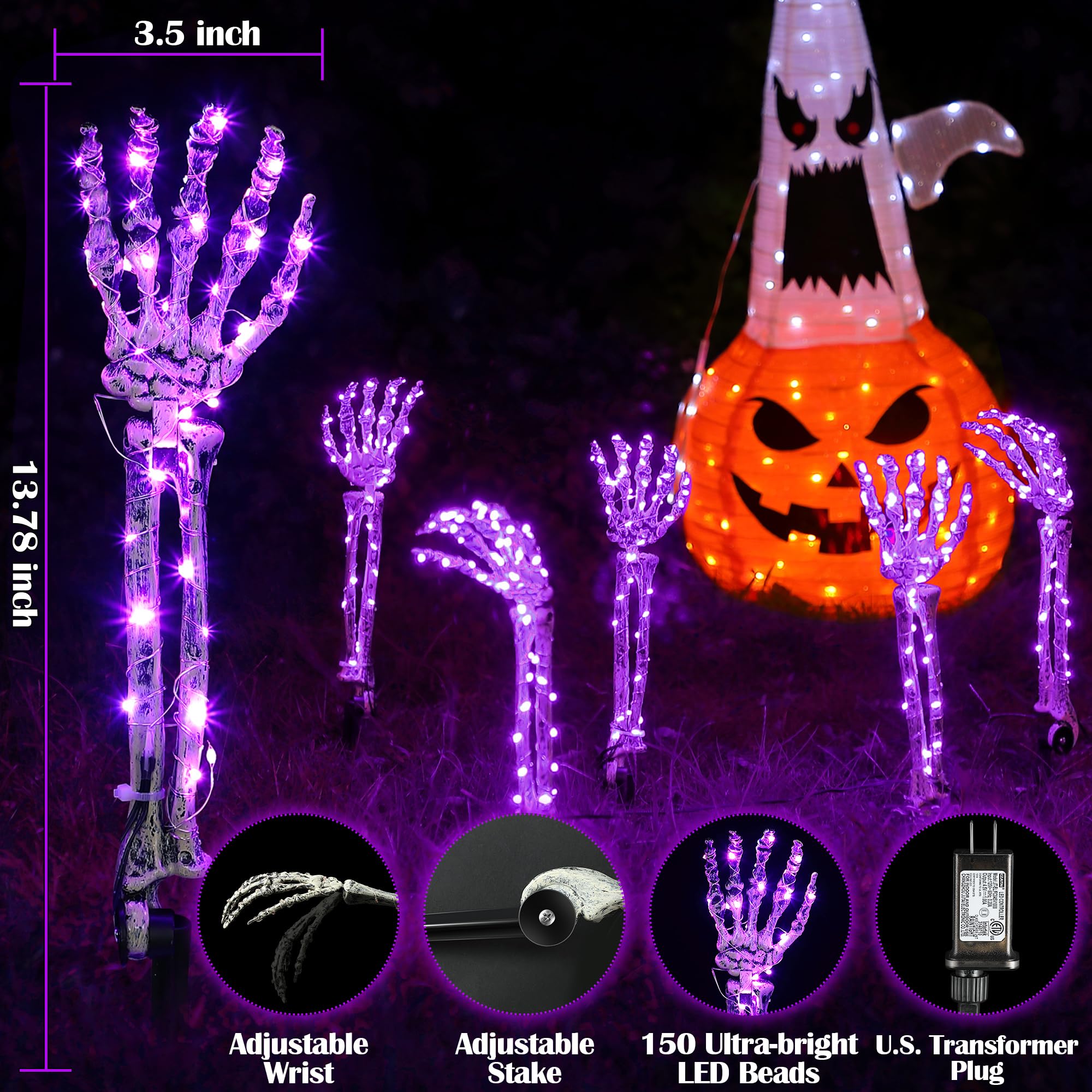 Halloween Decorations, 5 Pack Lighted Skeleton Arm Stakes, 10 ft 150 LED Waterproof Skeleton LED Hands with 8 Lighting Modes, Scary Halloween Party Props Outdoor Yard Ornament (Purple)