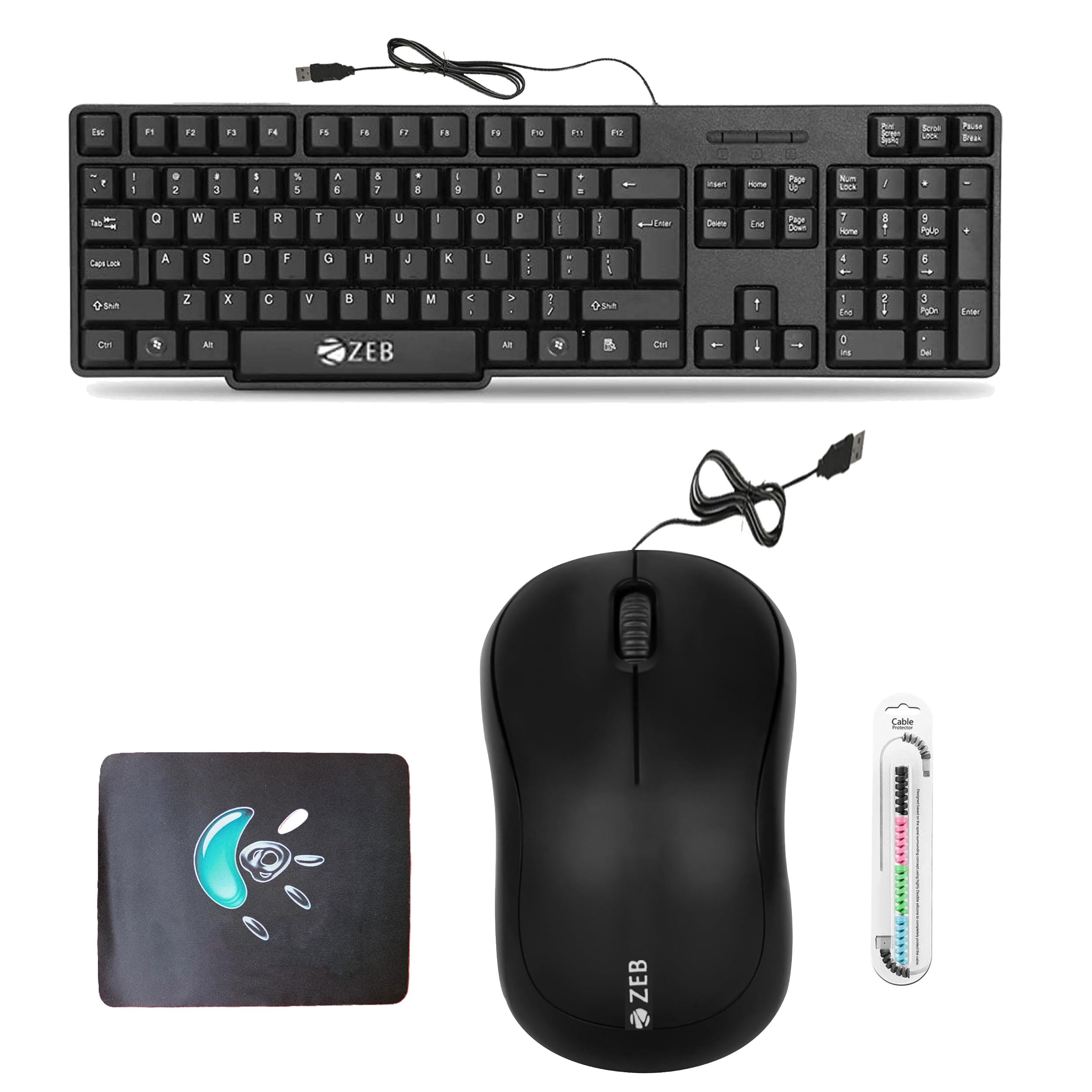 Zeb Wired Keyboard, USB Mouse, Mousepad & Cable Protector (Set of 4) | Keyboard-image-13