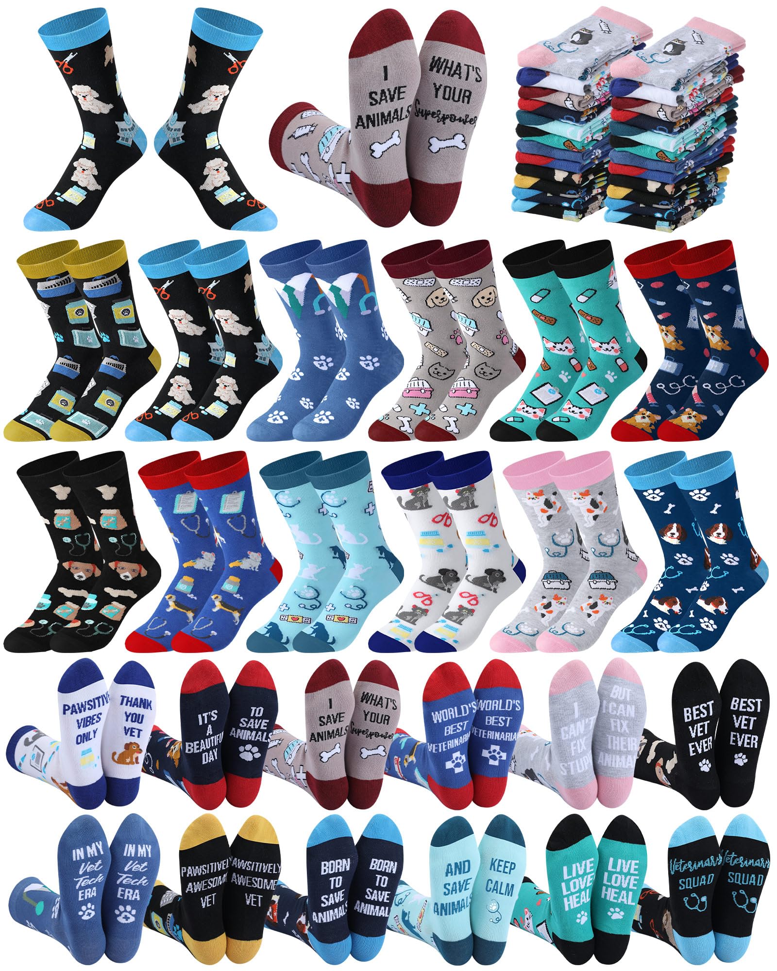 Skicuff 24 Pairs Bulk Vet Technician Socks for Woman Men Funny Veterinary Cotton Crew Socks Vet Tech Week Veterinarian Appreciate Gifts Doctor Nurse Assistant Birthday Gifts