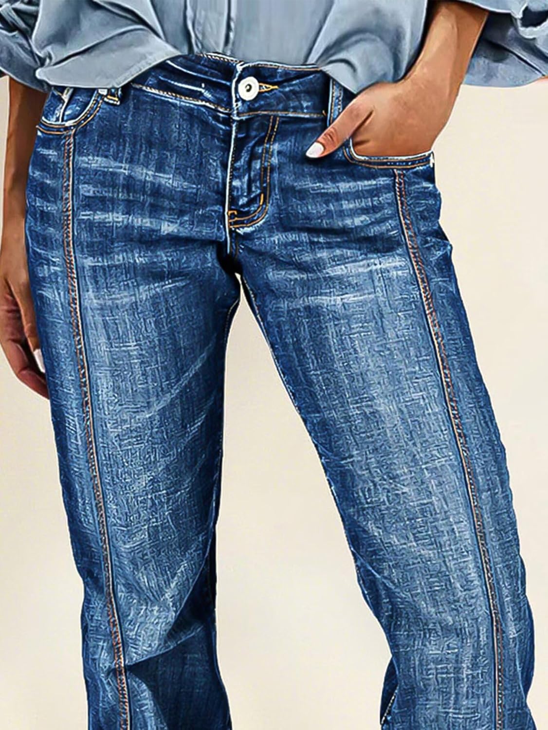 Flamingals Bootcu Jeans for Women Mid Waist Vintage Seam Front Detail Washed Denim Pants with Pockets - Image 2