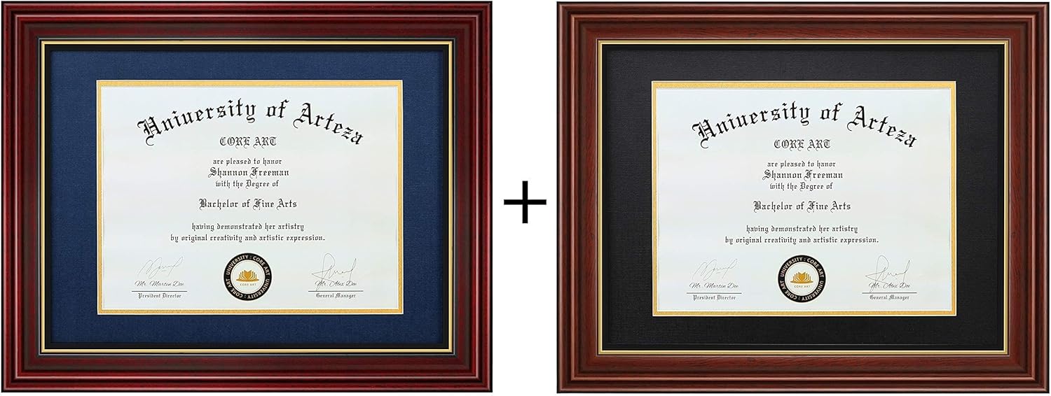 CORE ART Diploma Frames Cherry Frame Blue Gold Mat with Chocolate Frame Black Gold Mat, Pack of 2