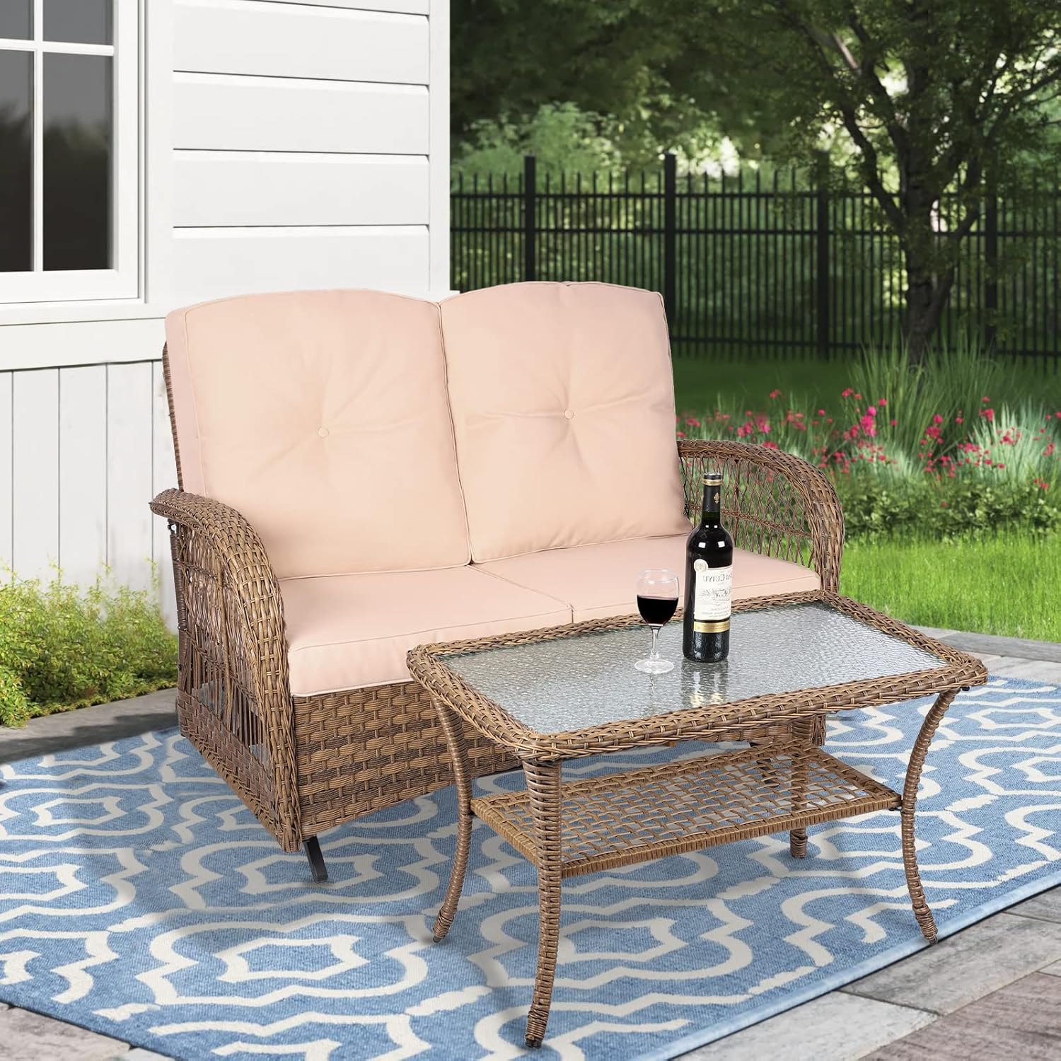 MEETWARM Outdoor Wicker Patio Glider Set, Loveseat for 2